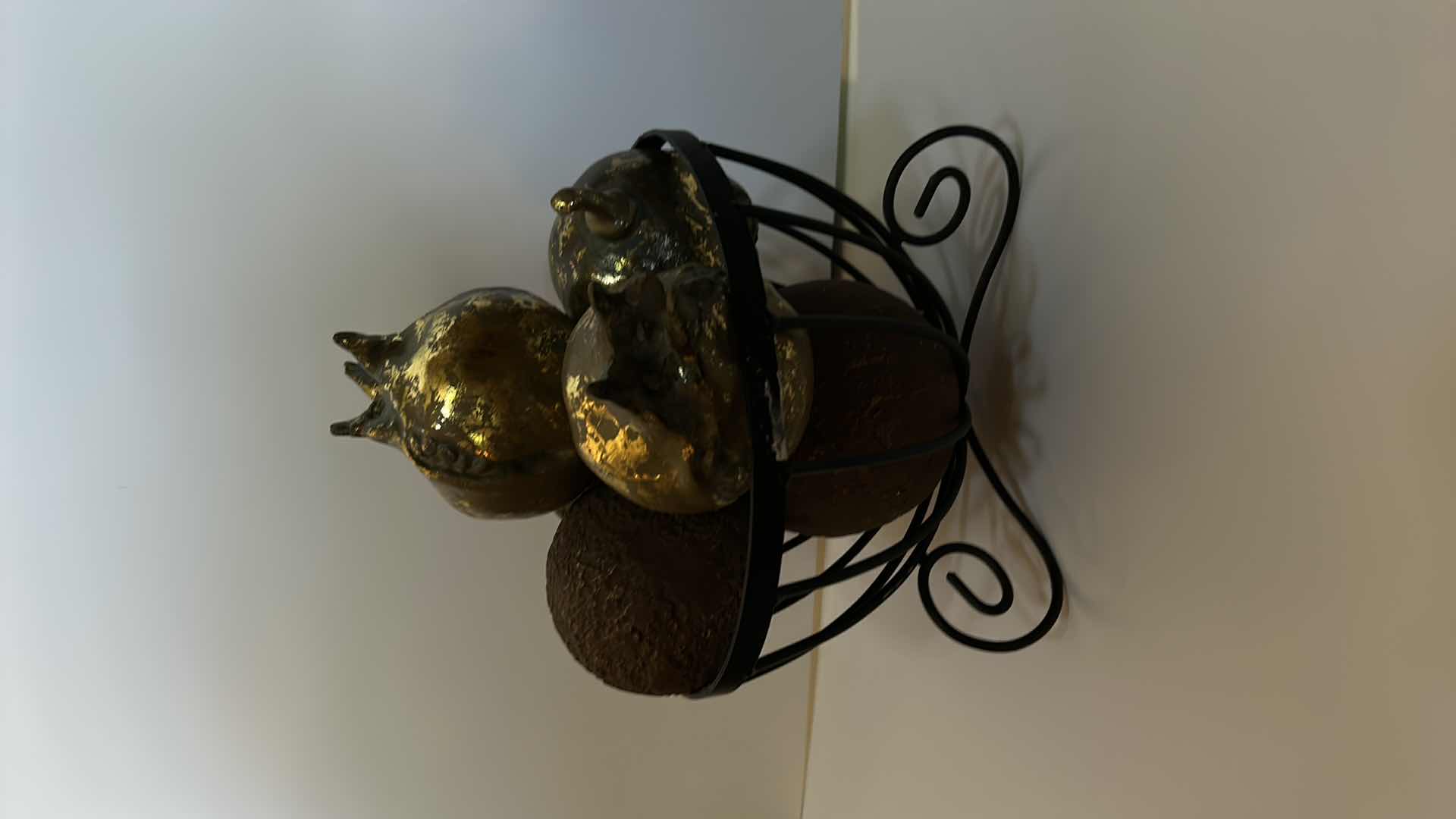 Photo 1 of METAL BOWL WITH GOLDEN POMEGRANATES AND METAL ORBS 5"  (BASKET  10” x H 7”)