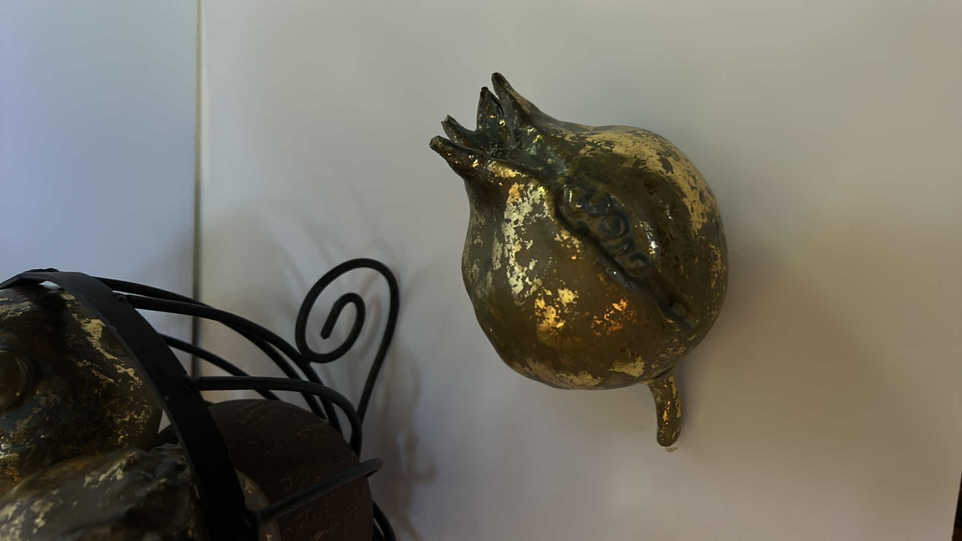 Photo 1 of METAL BOWL WITH GOLDEN POMEGRANATES AND METAL ORBS 5"  (BASKET  10” x H 7”)