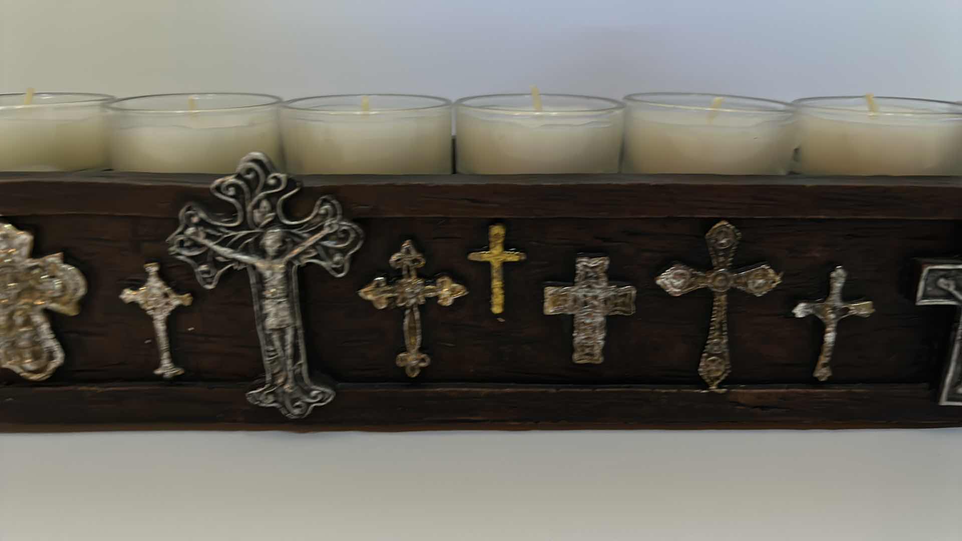 Photo 1 of HOME DECOR - LONG WOOD CANDLE HOLDER WITH VOTIVE CANDLES AND EMBELLISHED METAL CROSSES