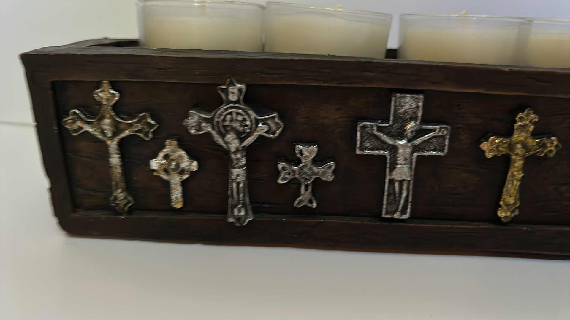 Photo 1 of HOME DECOR - LONG WOOD CANDLE HOLDER WITH VOTIVE CANDLES AND EMBELLISHED METAL CROSSES