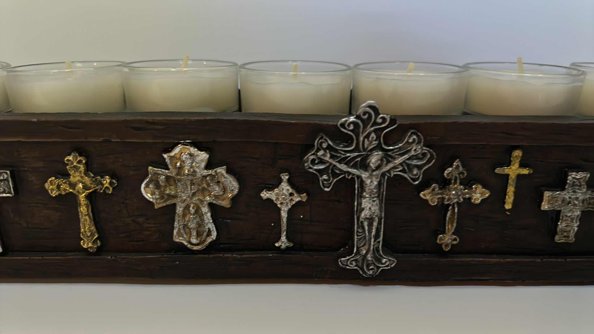 Photo 1 of HOME DECOR - LONG WOOD CANDLE HOLDER WITH VOTIVE CANDLES AND EMBELLISHED METAL CROSSES