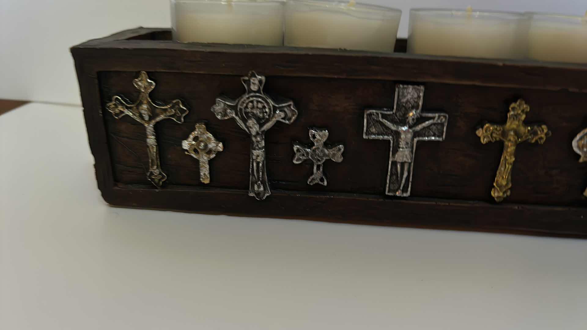 Photo 1 of HOME DECOR - LONG WOOD CANDLE HOLDER WITH VOTIVE CANDLES AND EMBELLISHED METAL CROSSES