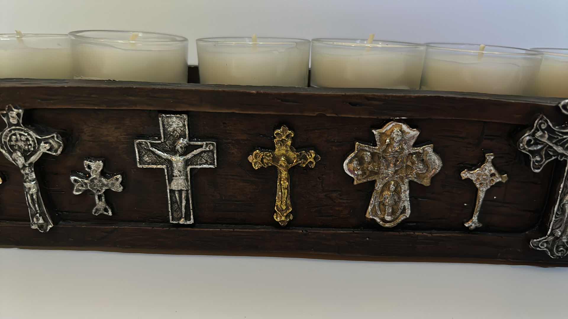 Photo 1 of HOME DECOR - LONG WOOD CANDLE HOLDER WITH VOTIVE CANDLES AND EMBELLISHED METAL CROSSES