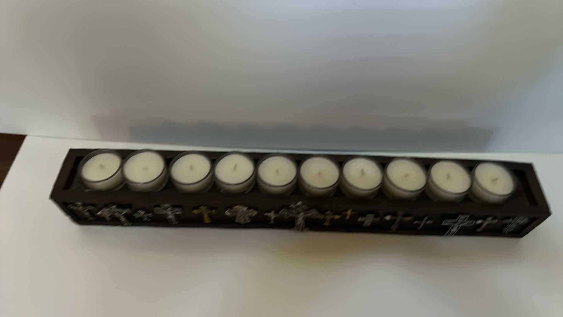 Photo 1 of HOME DECOR - LONG WOOD CANDLE HOLDER WITH VOTIVE CANDLES AND EMBELLISHED METAL CROSSES
