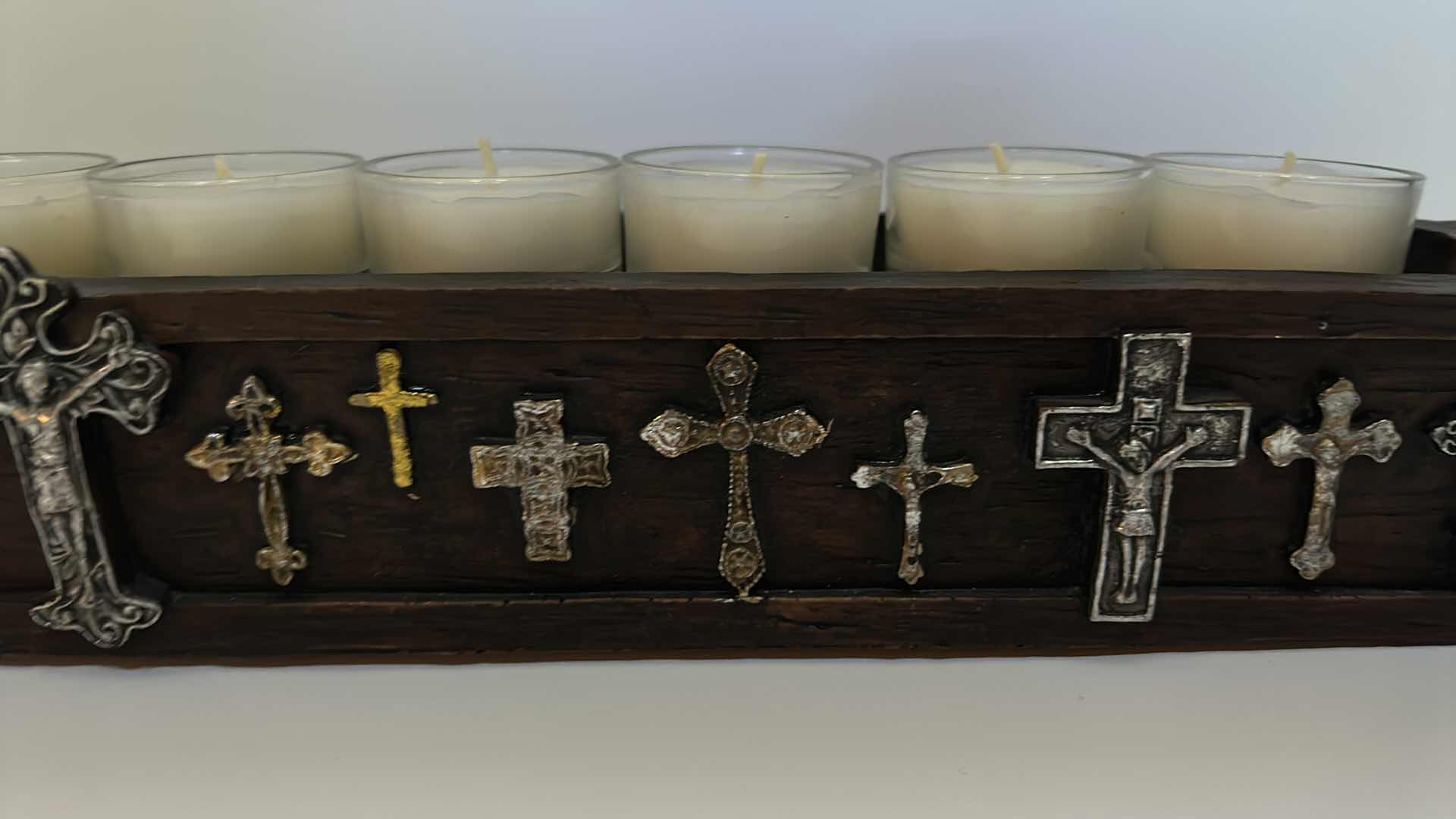 Photo 1 of HOME DECOR - LONG WOOD CANDLE HOLDER WITH VOTIVE CANDLES AND EMBELLISHED METAL CROSSES