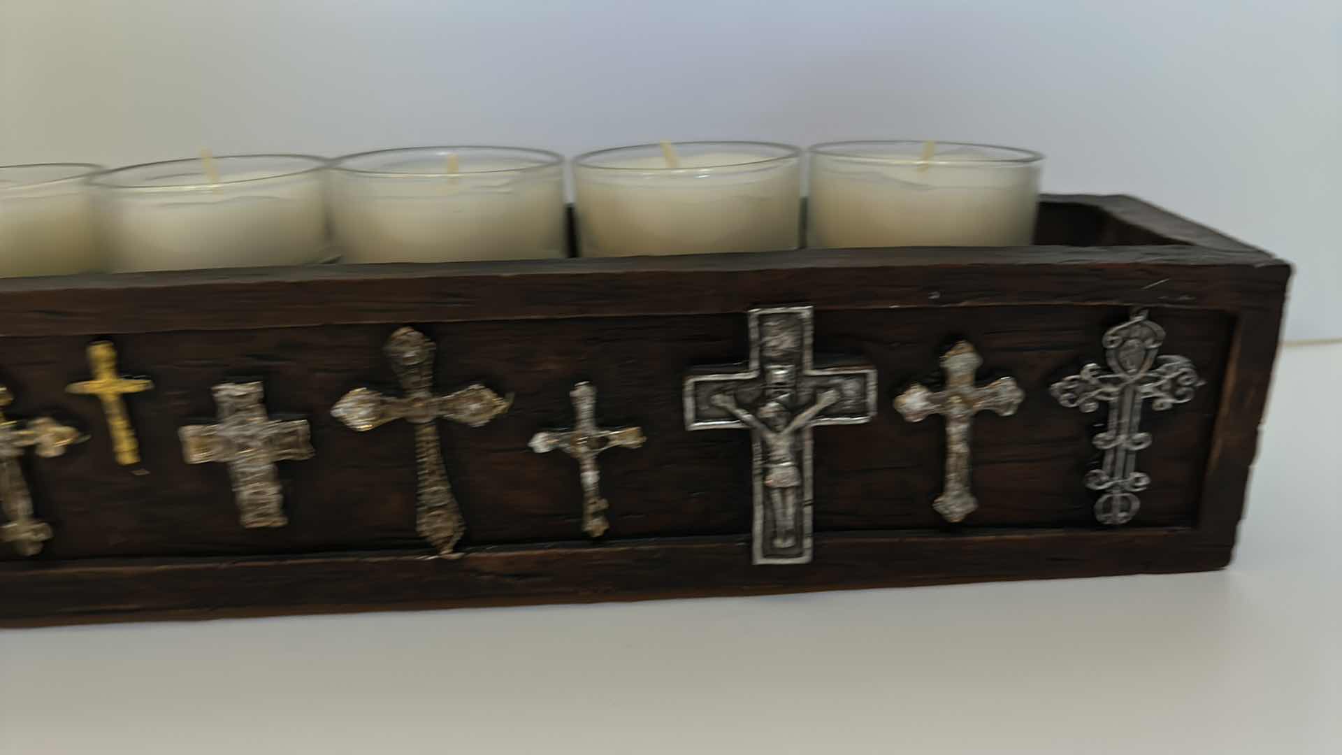 Photo 1 of HOME DECOR - LONG WOOD CANDLE HOLDER WITH VOTIVE CANDLES AND EMBELLISHED METAL CROSSES