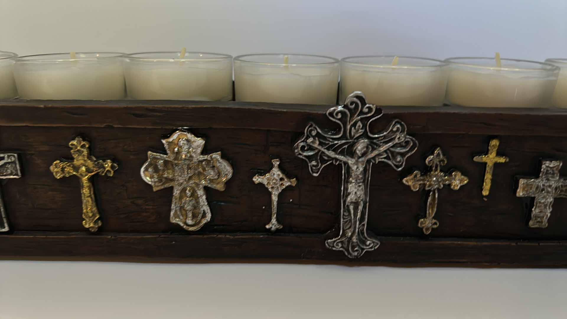 Photo 1 of HOME DECOR - LONG WOOD CANDLE HOLDER WITH VOTIVE CANDLES AND EMBELLISHED METAL CROSSES