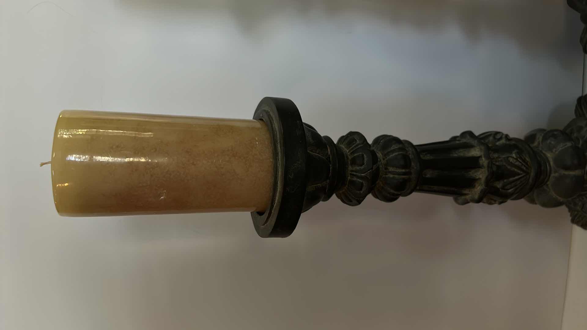 Photo 1 of HOME DECOR 2 -ORNATE CERAMIC AGED CANDLE HOLDERS (HEIGHT WITH CANDLE 26 1/2")