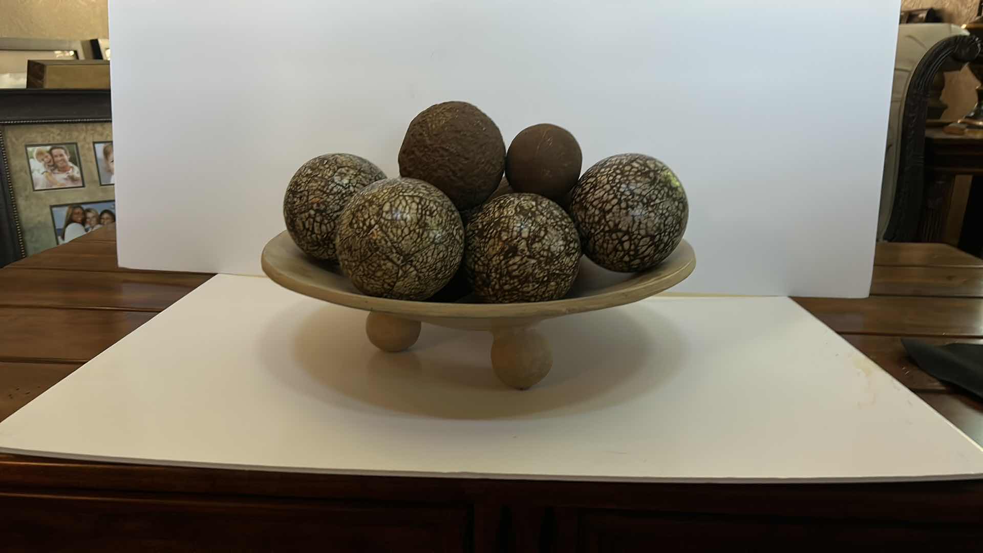 Photo 1 of DECORATIVE FOOTED BOWL WITH LARGE DECORATED ORBS 17" 