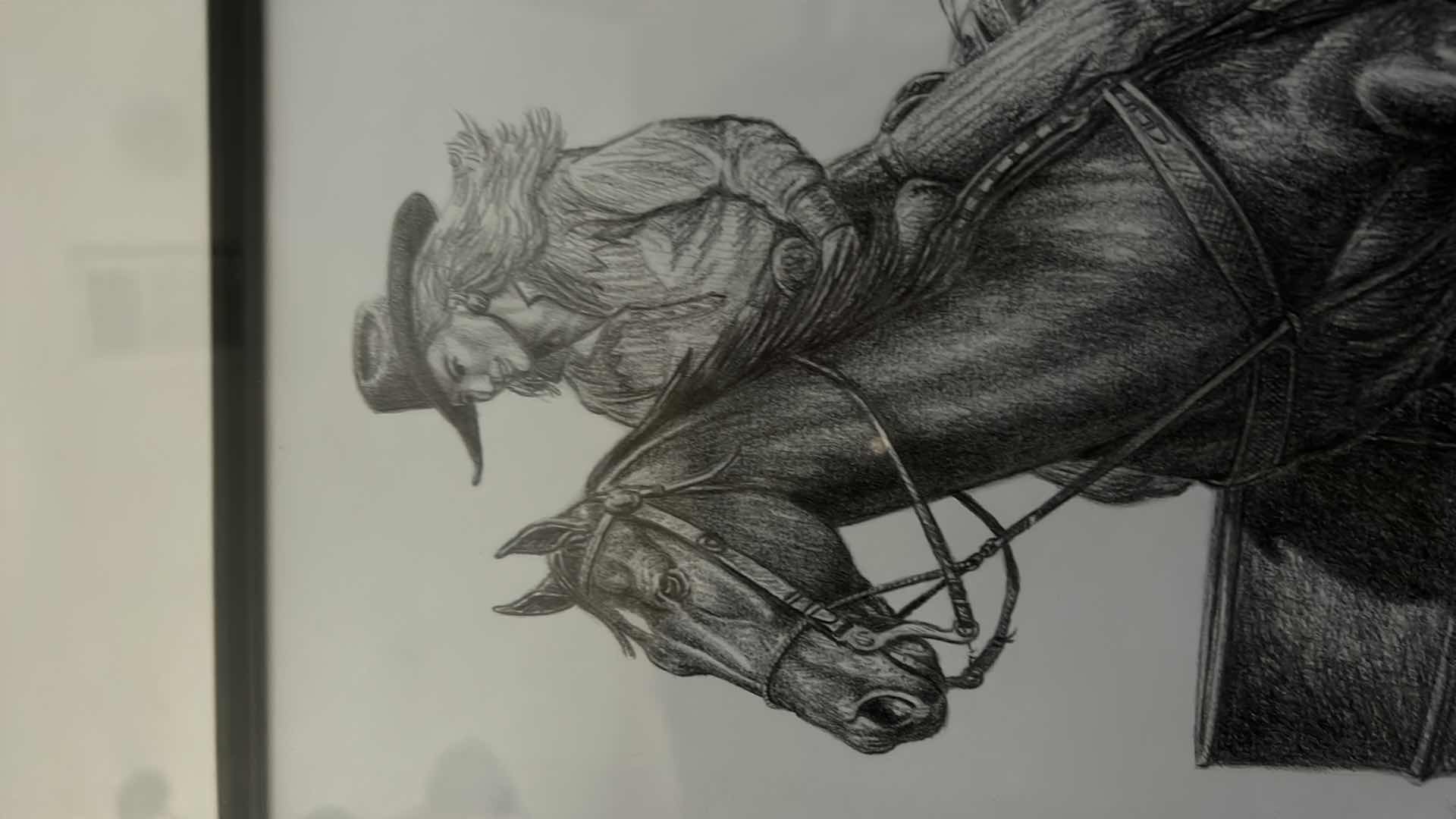 Photo 1 of BLACK AND WHITE PENCIL SKETCH SIGNED AND NUMBERED “BARREL RIDING” 17 1/2” x 22 1/2”