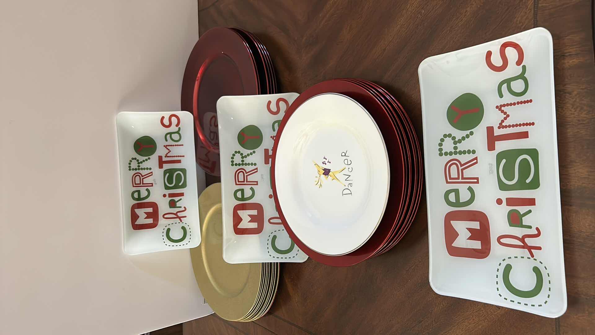 Photo 1 of KITCHEN ASSORTMENT- CHRISTMAS PLATTERS, REINDEER PLATE, RED AND GOLD PLATE CHARGERS