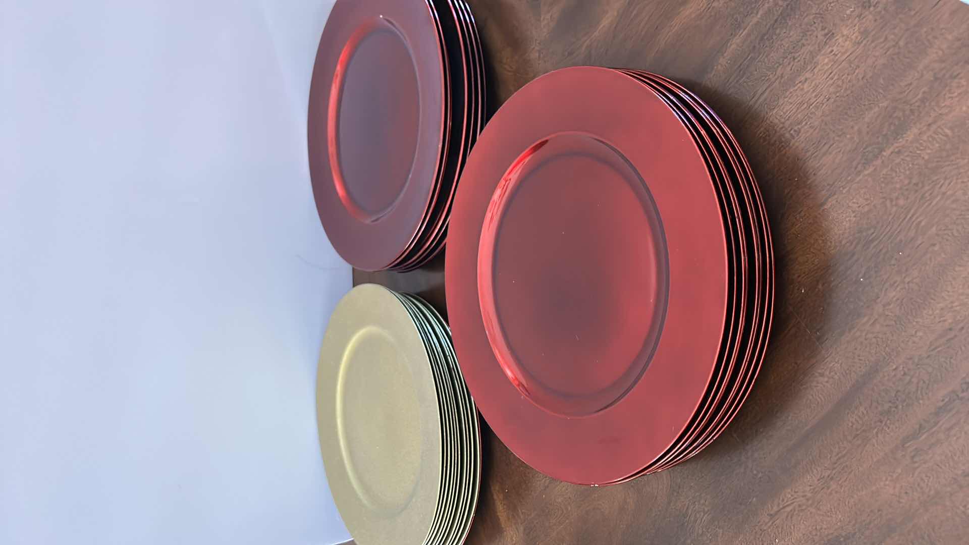 Photo 1 of KITCHEN ASSORTMENT- CHRISTMAS PLATTERS, REINDEER PLATE, RED AND GOLD PLATE CHARGERS