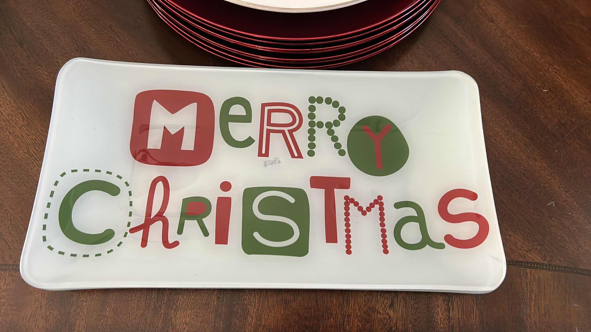 Photo 1 of KITCHEN ASSORTMENT- CHRISTMAS PLATTERS, REINDEER PLATE, RED AND GOLD PLATE CHARGERS