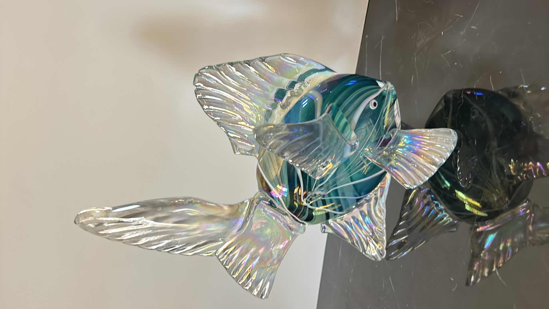 Photo 1 of HOME DECOR - HAND BLOWN GLASS IRIDESCENT FISH FIGURINE, SIGNED KEVIN FULTON, H10.5"