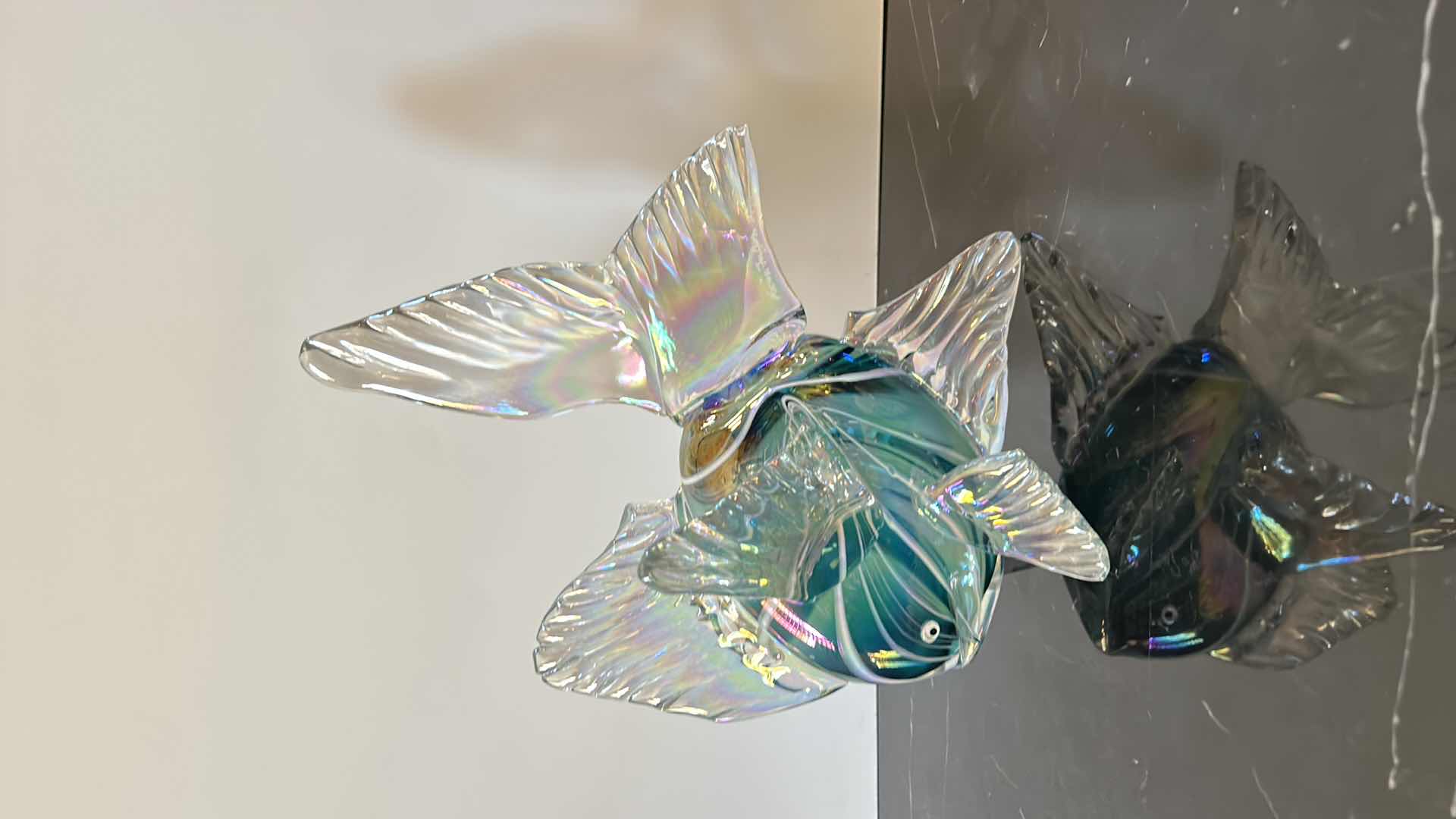 Photo 1 of HOME DECOR - HAND BLOWN GLASS IRIDESCENT FISH FIGURINE, SIGNED KEVIN FULTON, H10.5"
