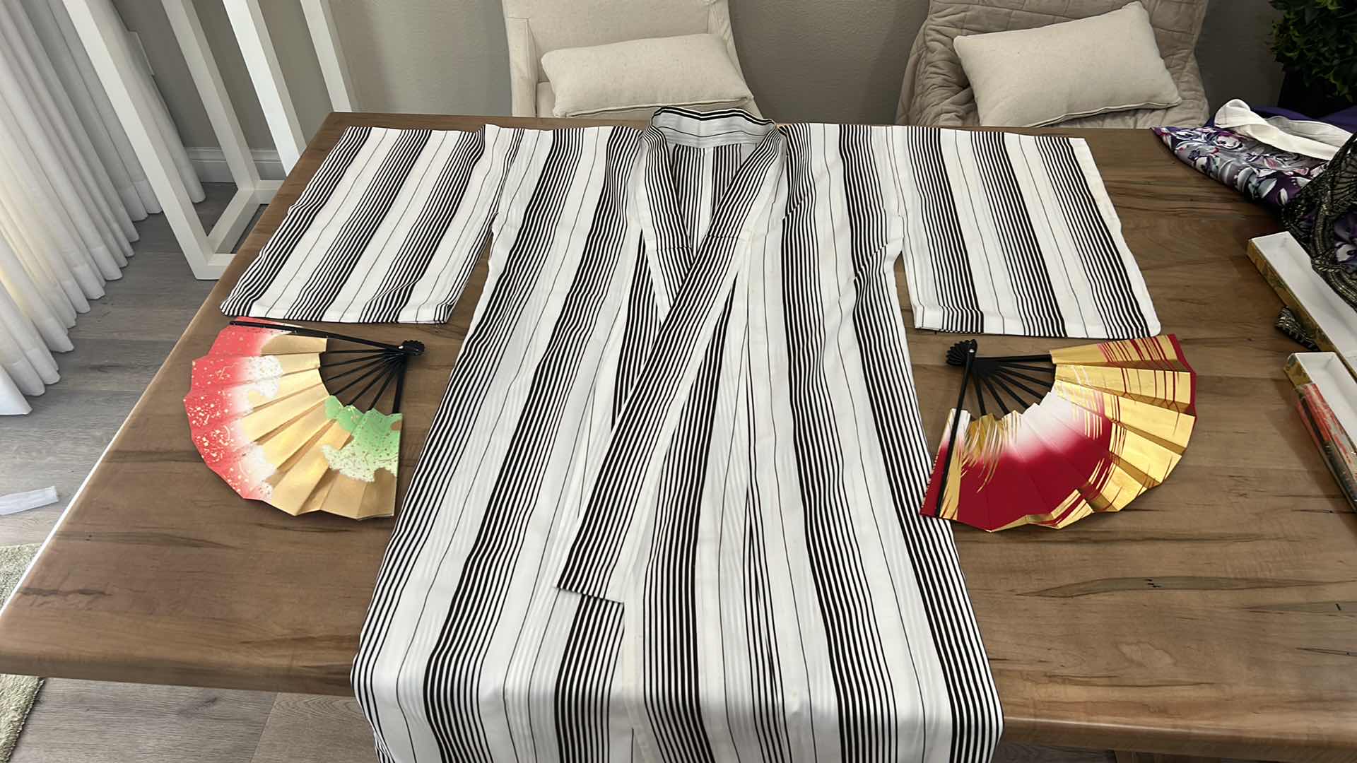 Photo 1 of LONG JAPANESE COTTON KIMONO AND TWO FANS