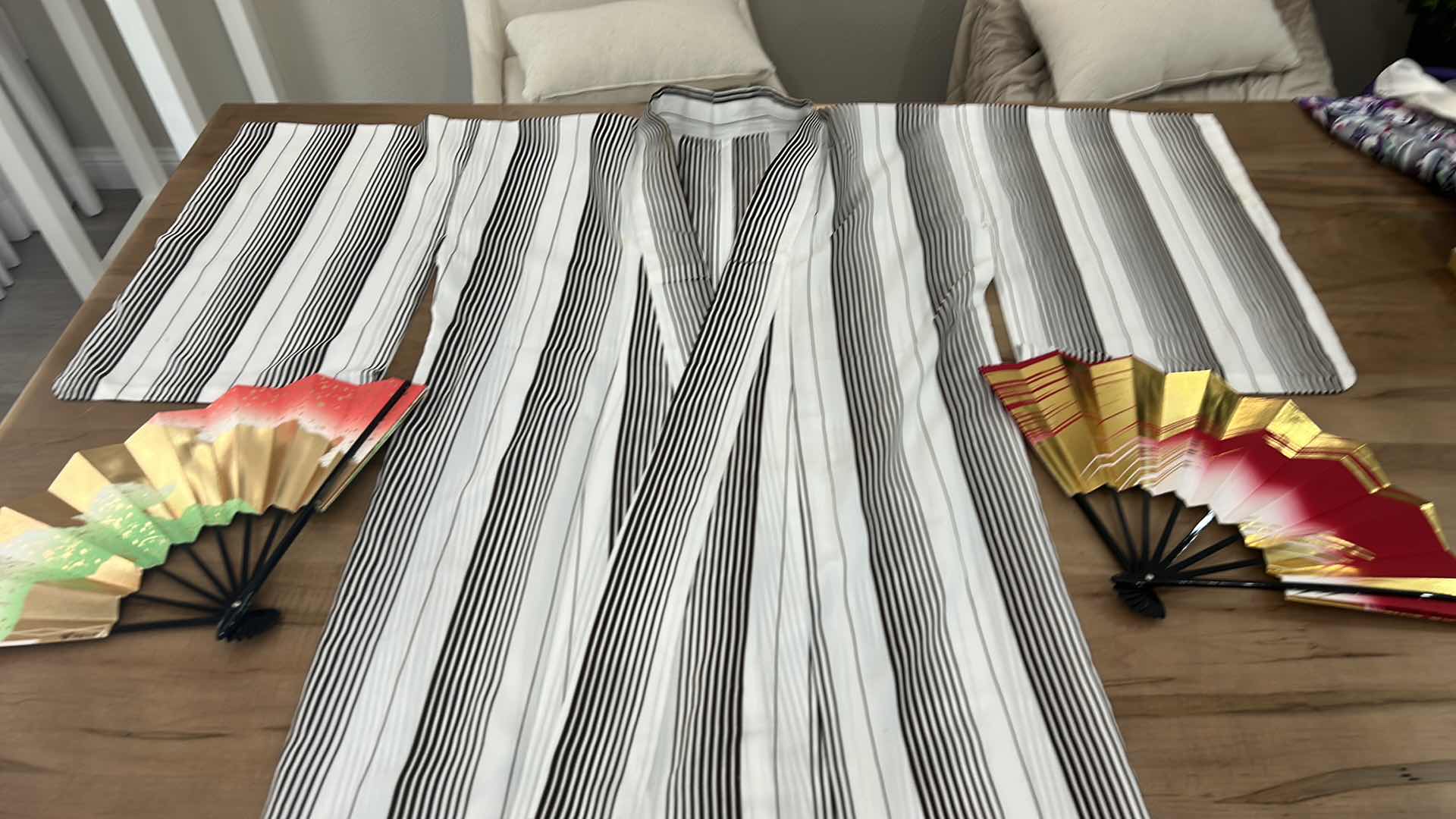 Photo 1 of LONG JAPANESE COTTON KIMONO AND TWO FANS