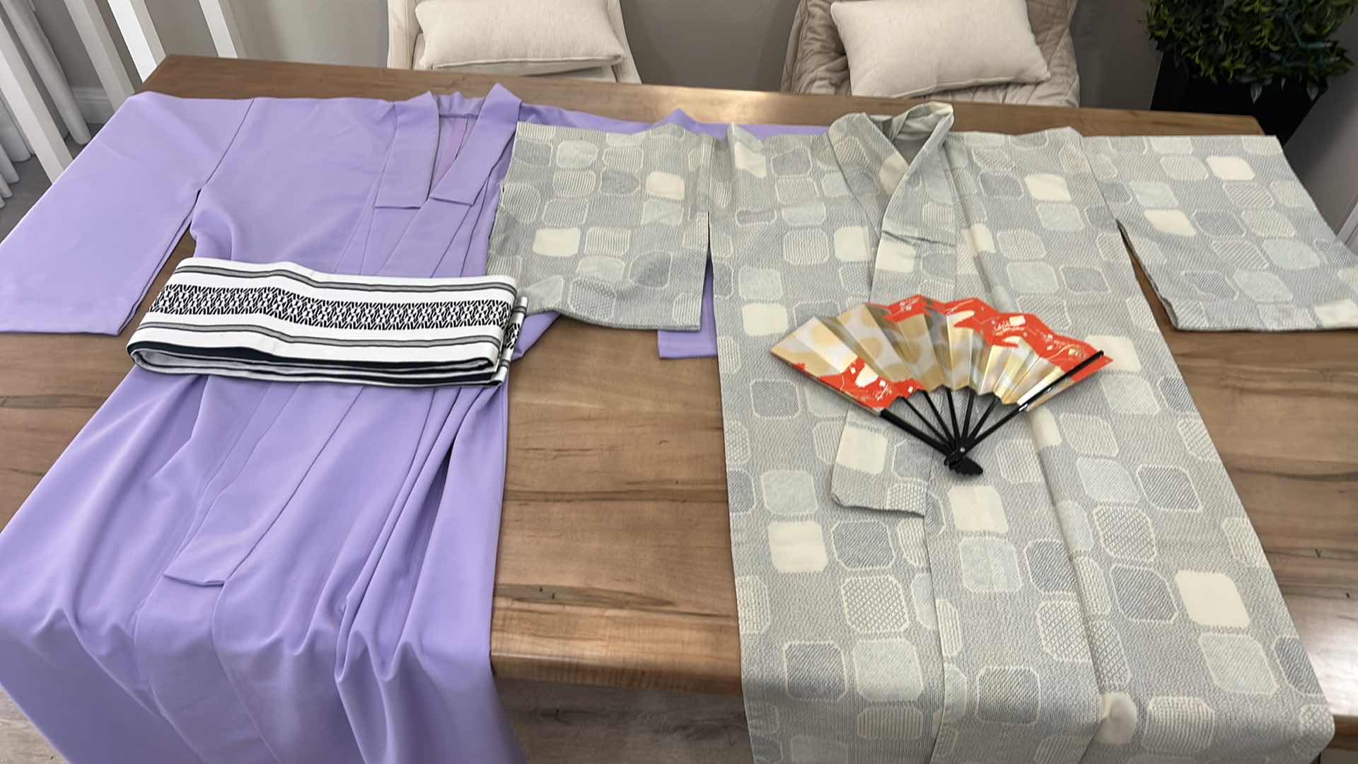 Photo 1 of TWO LONG JAPANESE KIMONOS, BELT AND FAN