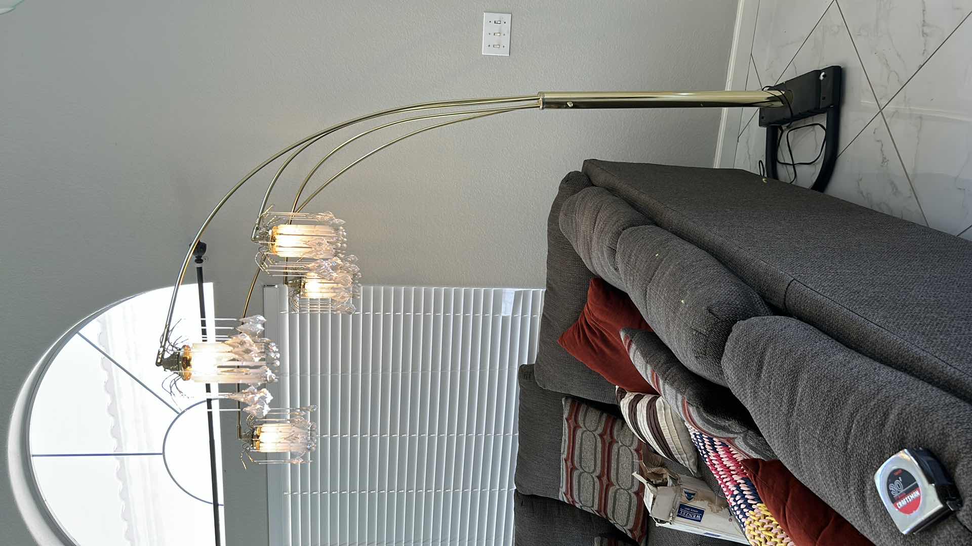 Photo 1 of 7’ BRASS, CRYSTAL AND GLASS MULTI BULB FLOOR LAMP