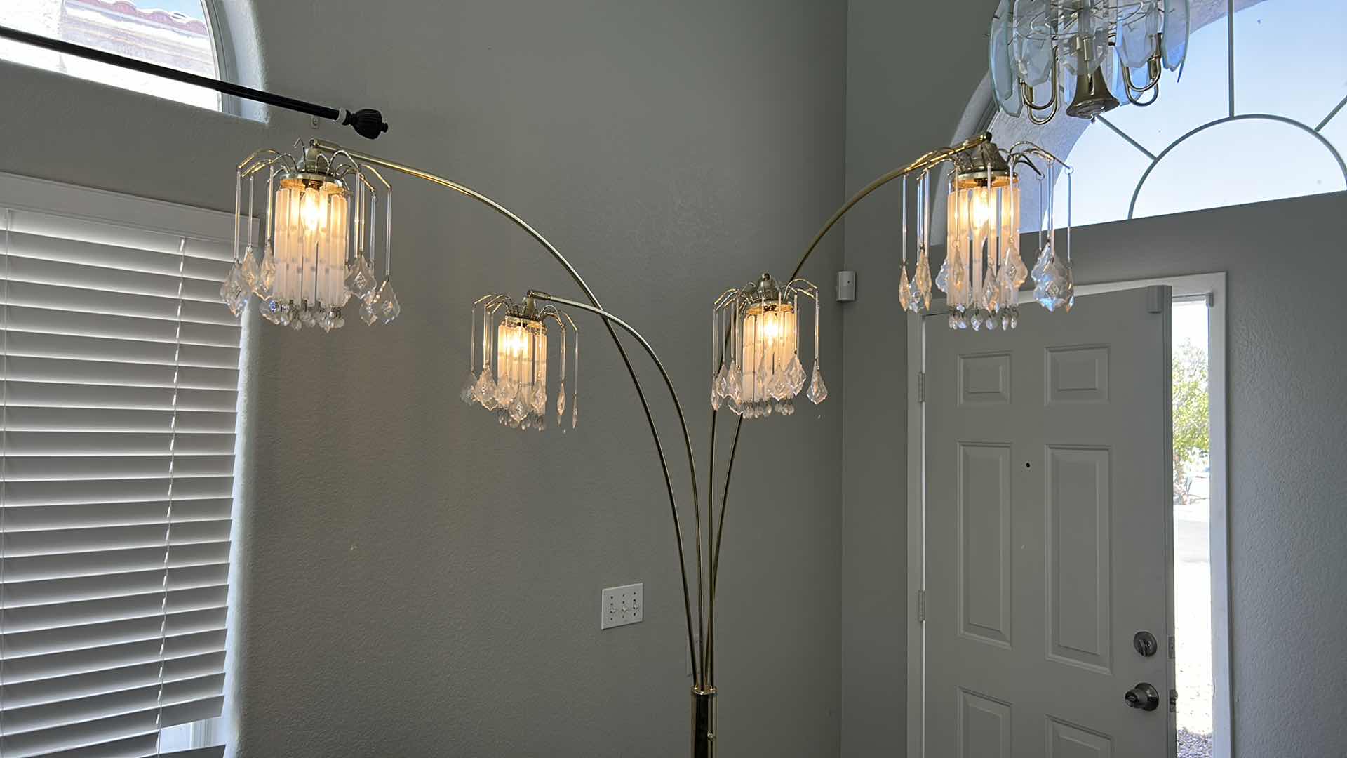 Photo 1 of 7’ BRASS, CRYSTAL AND GLASS MULTI BULB FLOOR LAMP