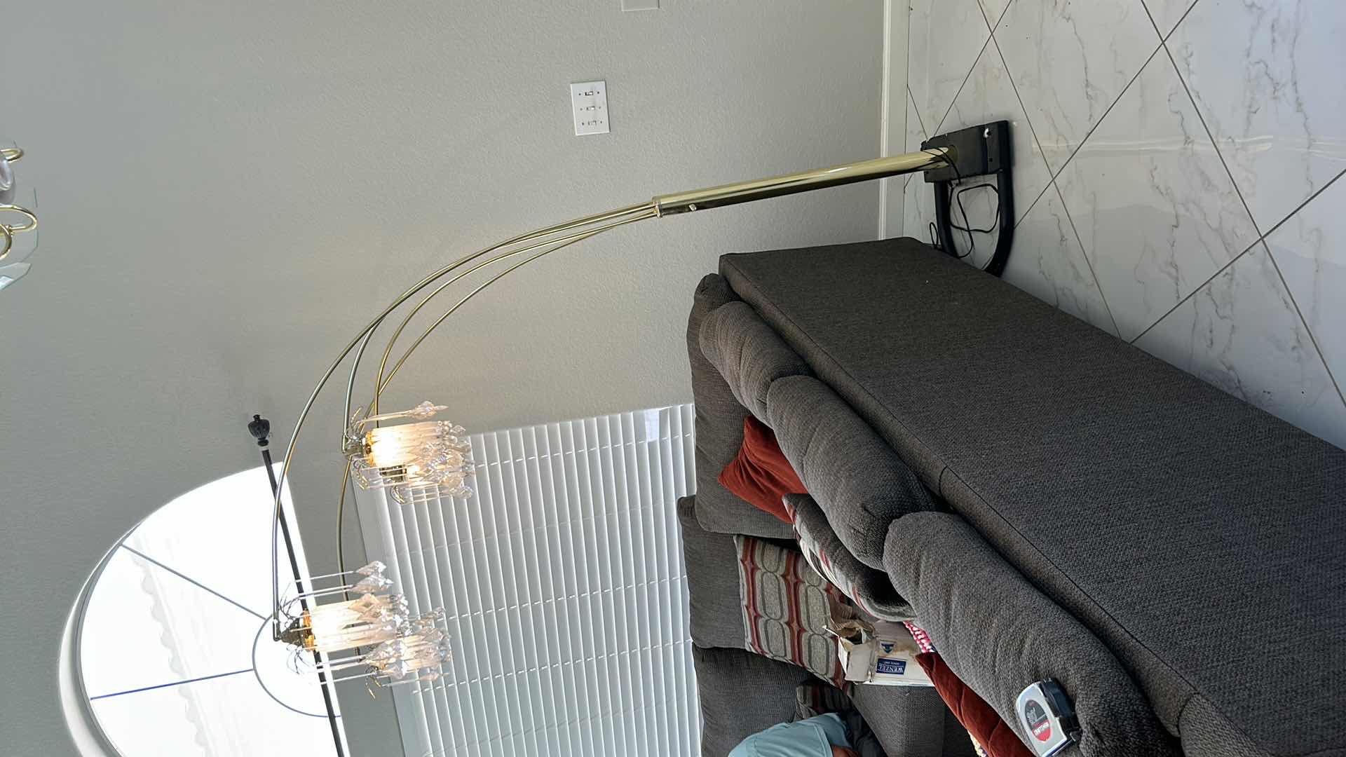 Photo 1 of 7’ BRASS, CRYSTAL AND GLASS MULTI BULB FLOOR LAMP