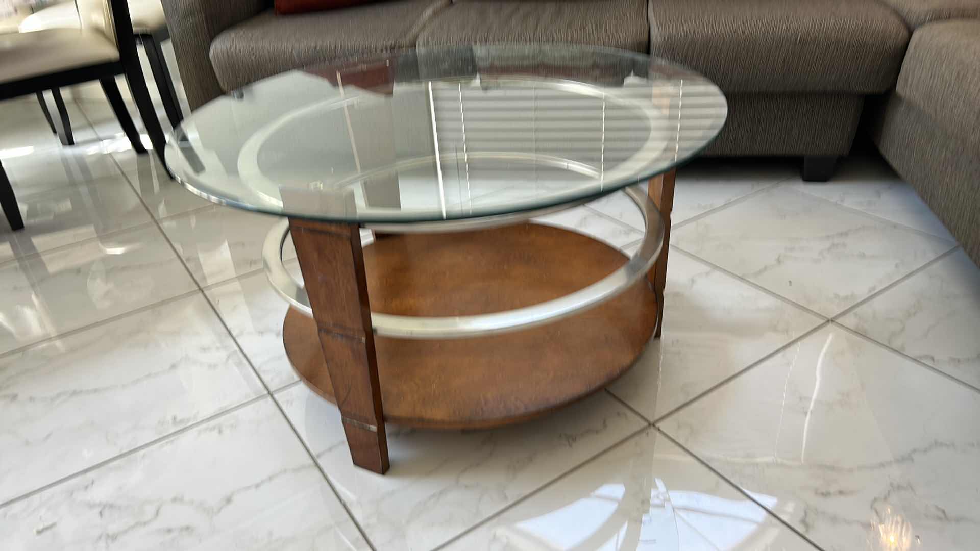 Photo 1 of WOOD CHROME AND GLASS ROUND COCKTAIL TABLE  36” x 20”