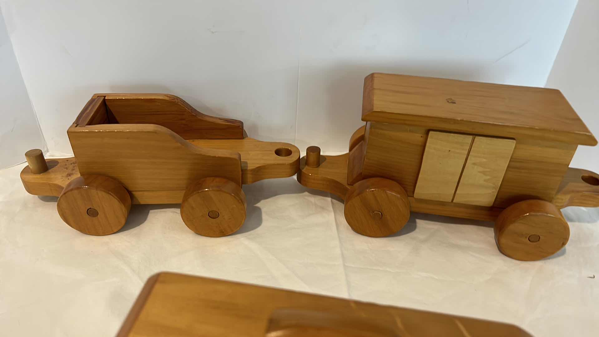 Photo 1 of BOX OF VINTAGE WOOD TOY TRAIN SET ENGINE MEASURES 14” x 7”