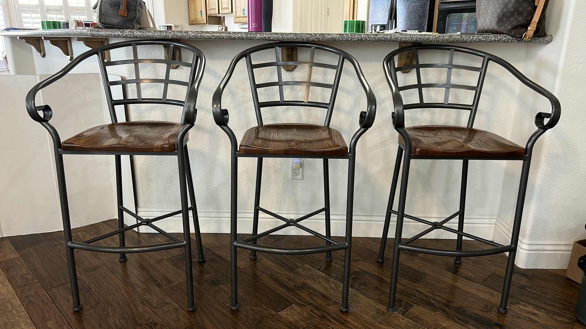 Photo 1 of 3 / METAL AND WOOD BAR HEIGHT BARSTOOLS H44”