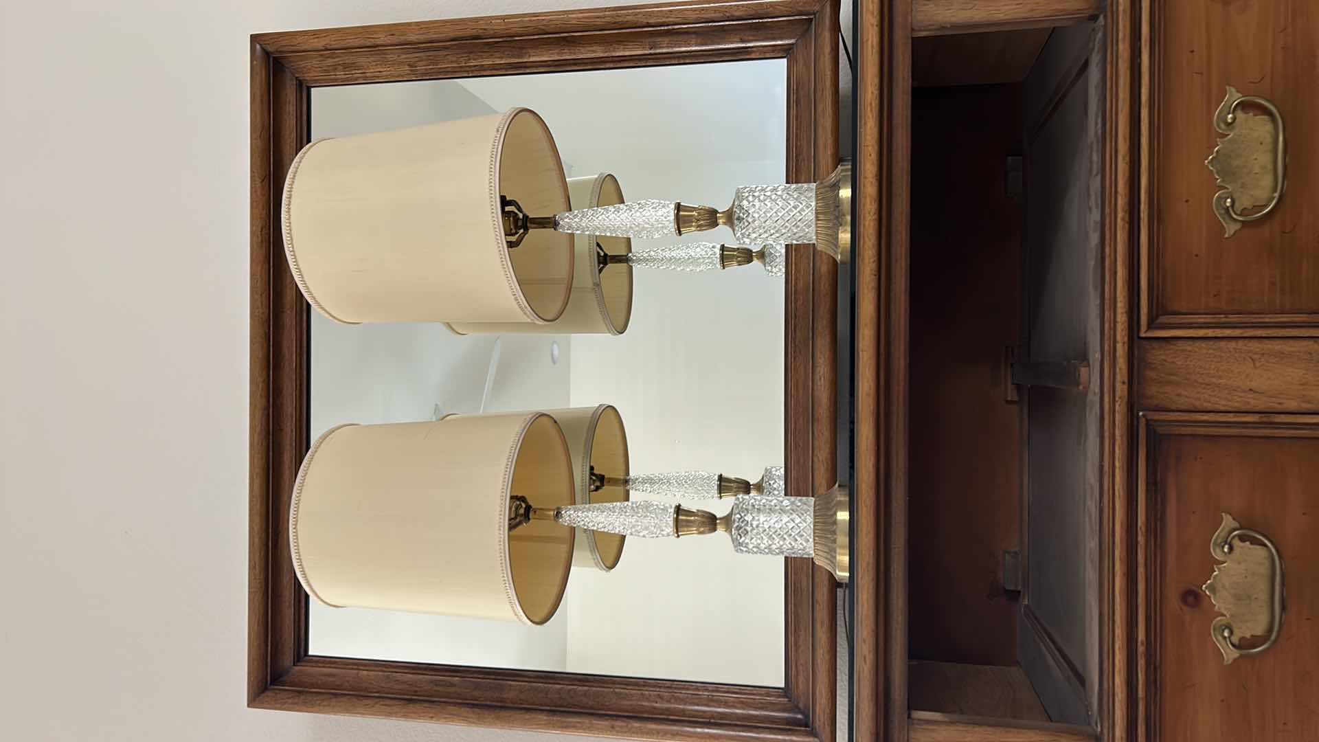 Photo 1 of 2 VINTAGE CRYSTAL LAMPS w LINEN SHADES H29”