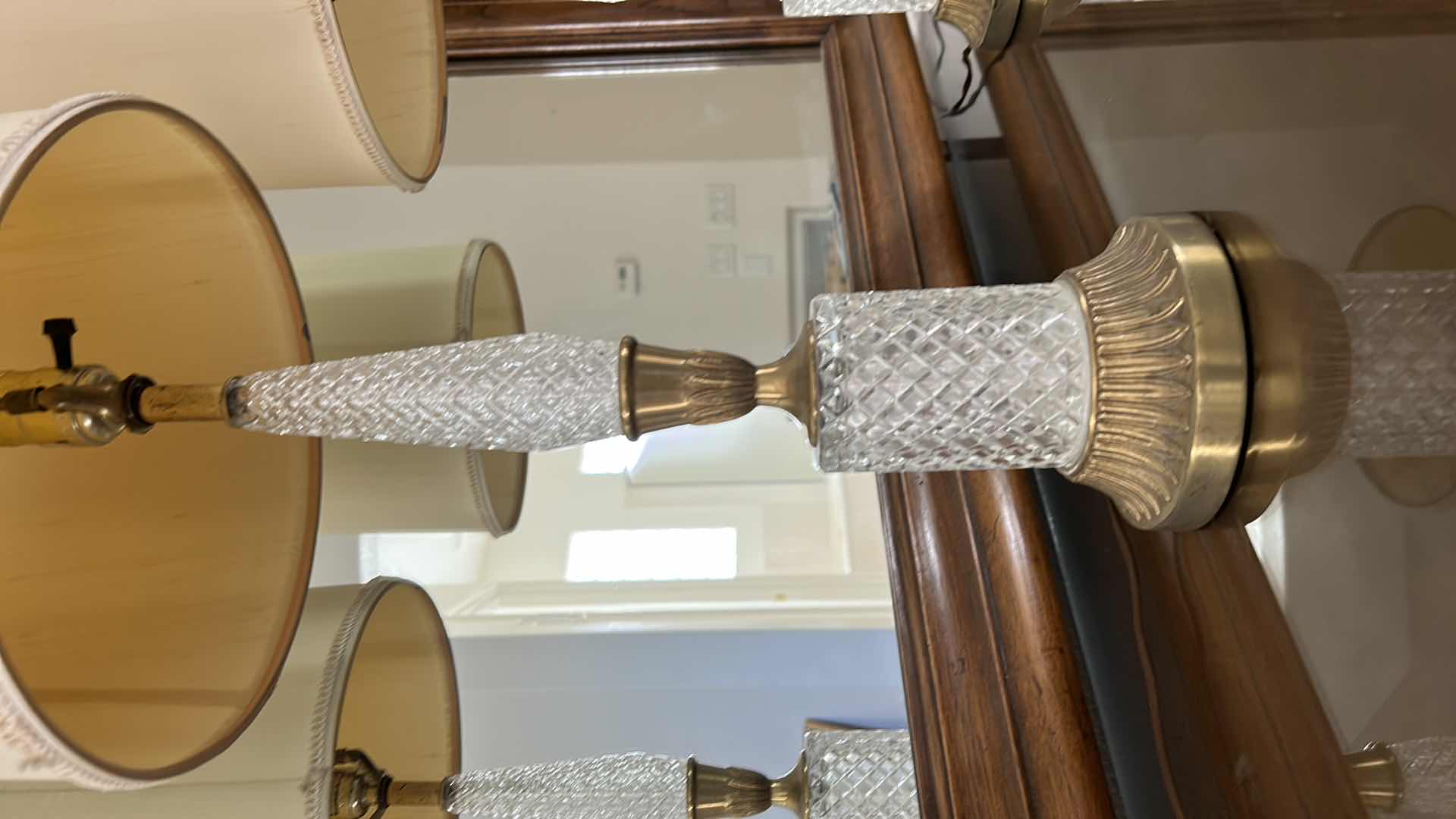 Photo 3 of 2 VINTAGE CRYSTAL LAMPS w LINEN SHADES H29”