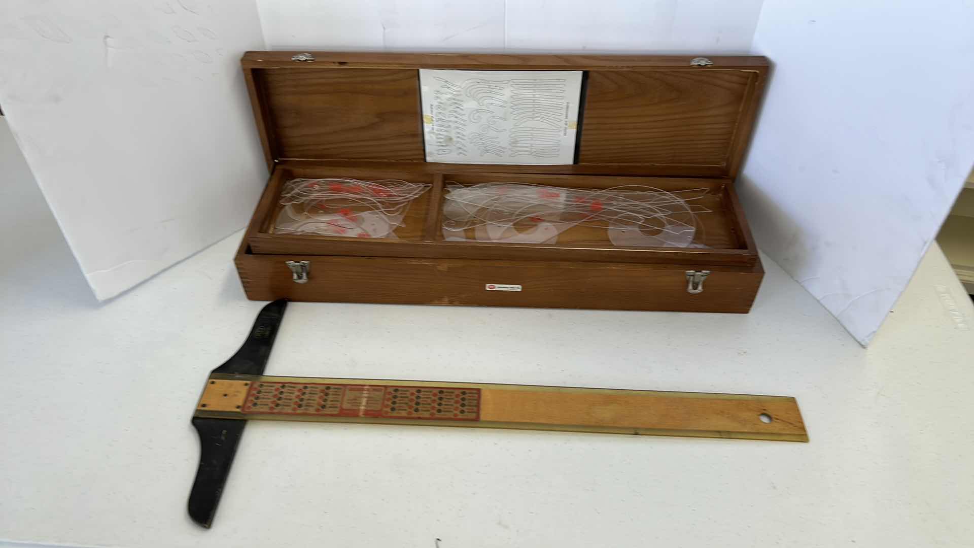 Photo 1 of RARE VINTAGE DRAFTING TOOLS - WOOD BOX W COPENHAGEN SHIP CURVES AND STRAIGHT RULE