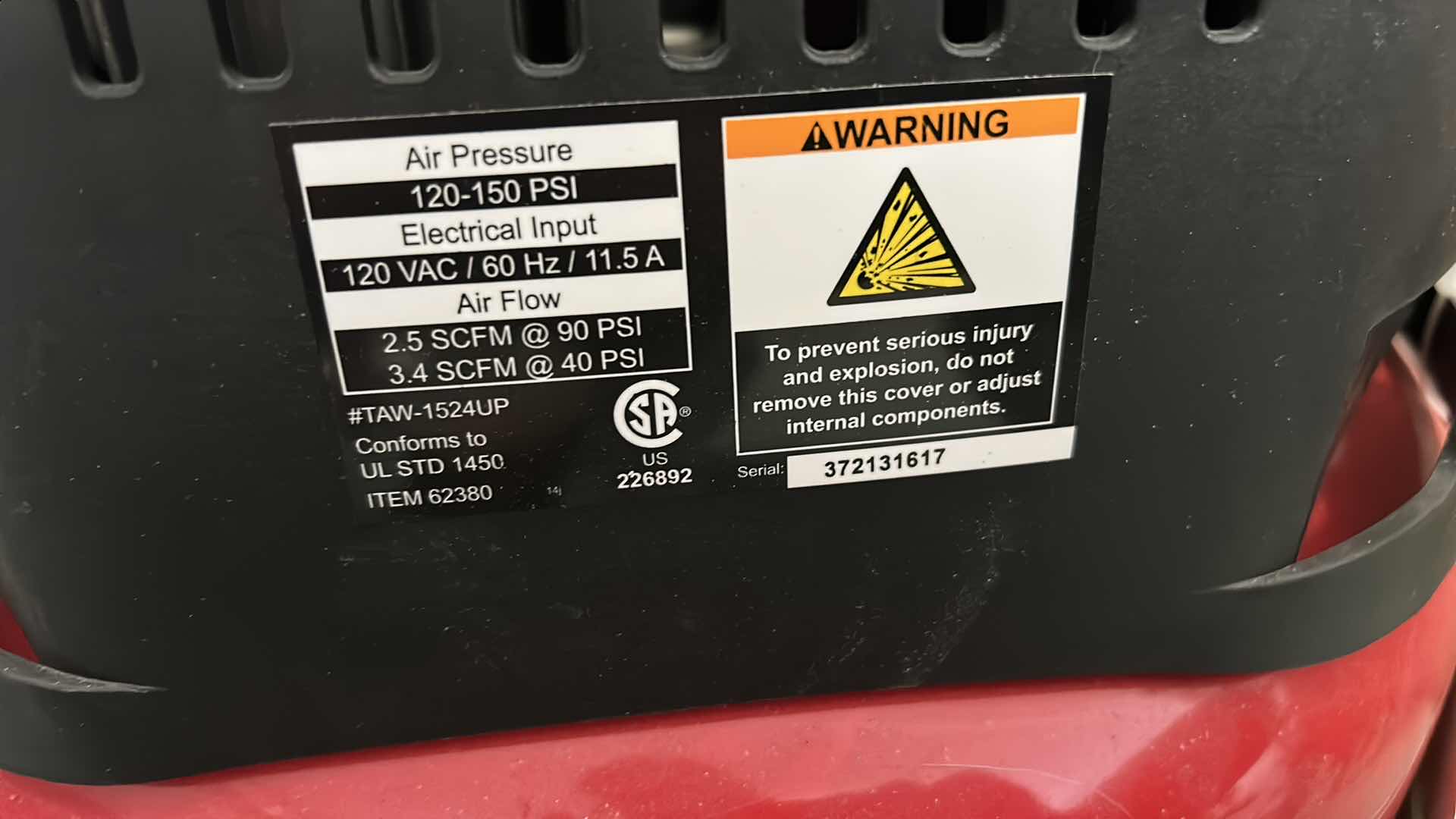 Photo 1 of CENTRAL PNEUMATIC AIR COMPRESSOR (TESTED) w NOZZLES.