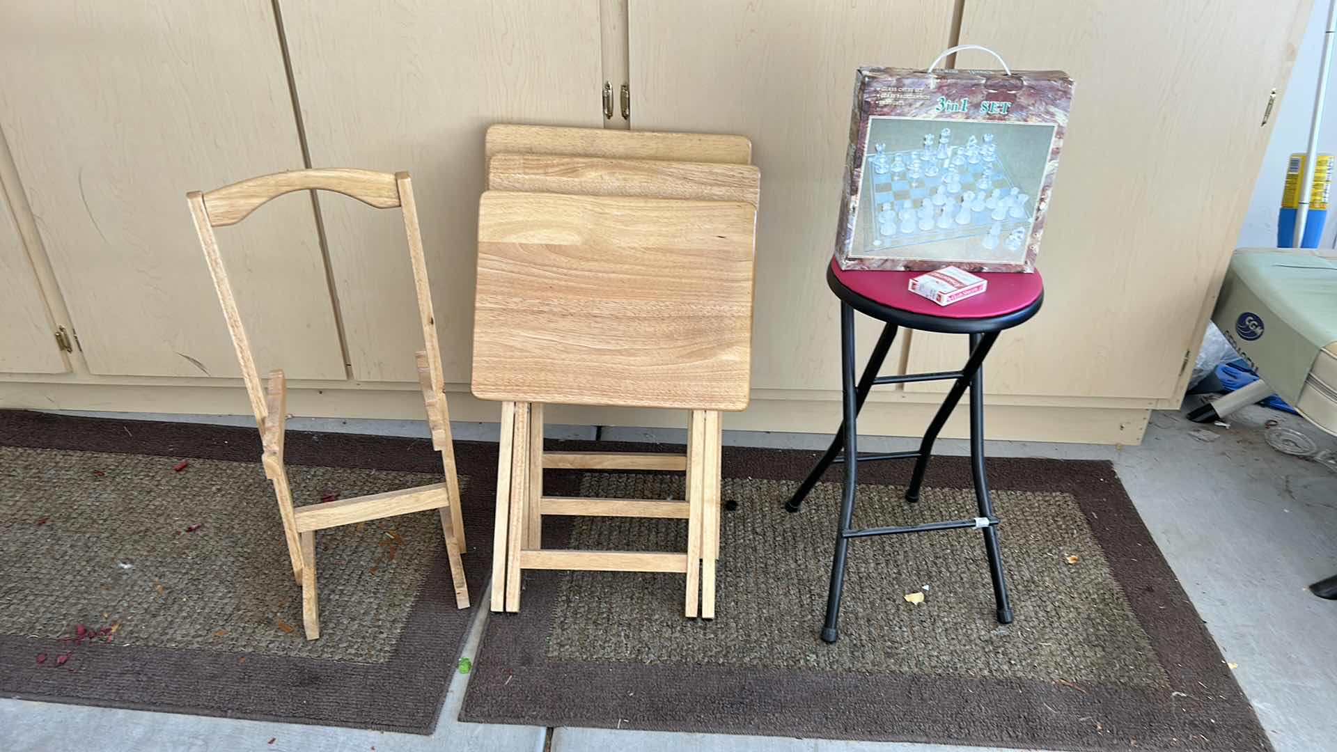 Photo 8 of 3 STANDS 1 STOOL (2’) 1 NEW GLASS CHESS SET AND SEALED MGM DECK OF CARDS (PLAYED)