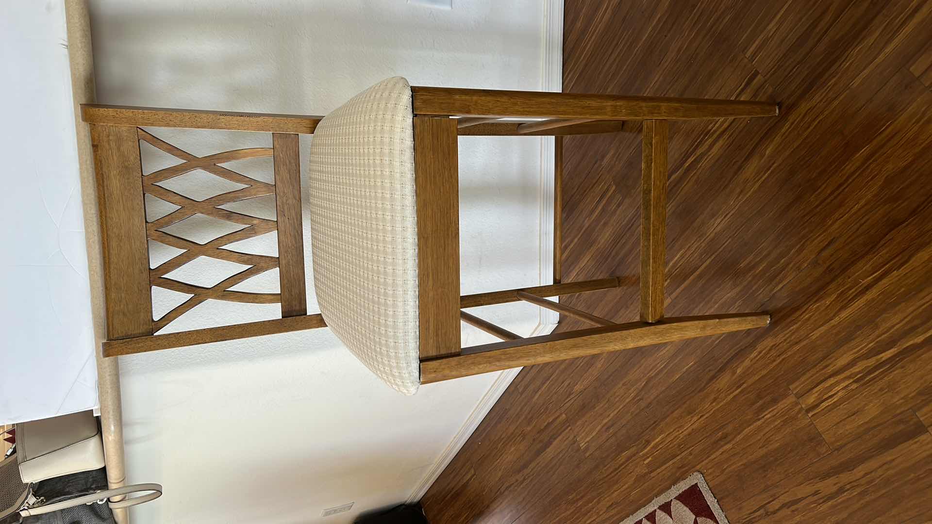 Photo 2 of 2 WOOD BARSTOOLS WITH OFF WHITE TEXTURED FABRIC  
SEATING HEIGHT, 30 1/2" OVERALL HEIGHT 45"