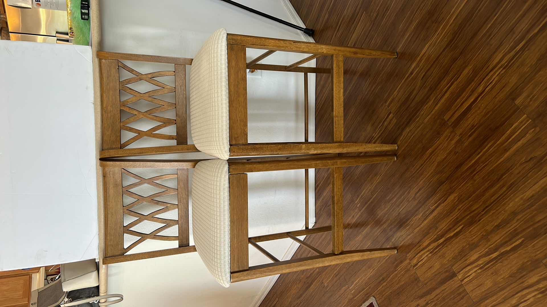 Photo 6 of 2 WOOD BARSTOOLS WITH OFF WHITE TEXTURED FABRIC  
SEATING HEIGHT, 30 1/2" OVERALL HEIGHT 45"