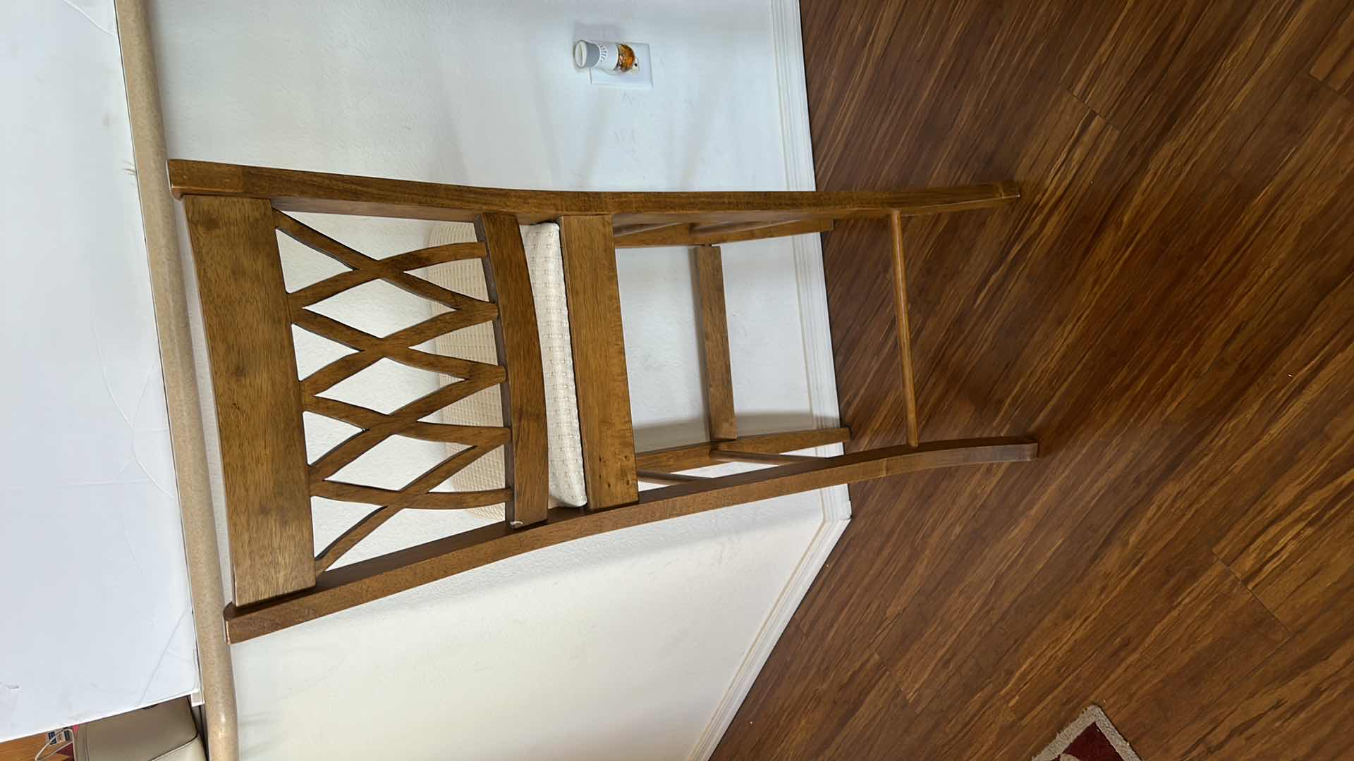 Photo 4 of 2 WOOD BARSTOOLS WITH OFF WHITE TEXTURED FABRIC  
SEATING HEIGHT, 30 1/2" OVERALL HEIGHT 45"