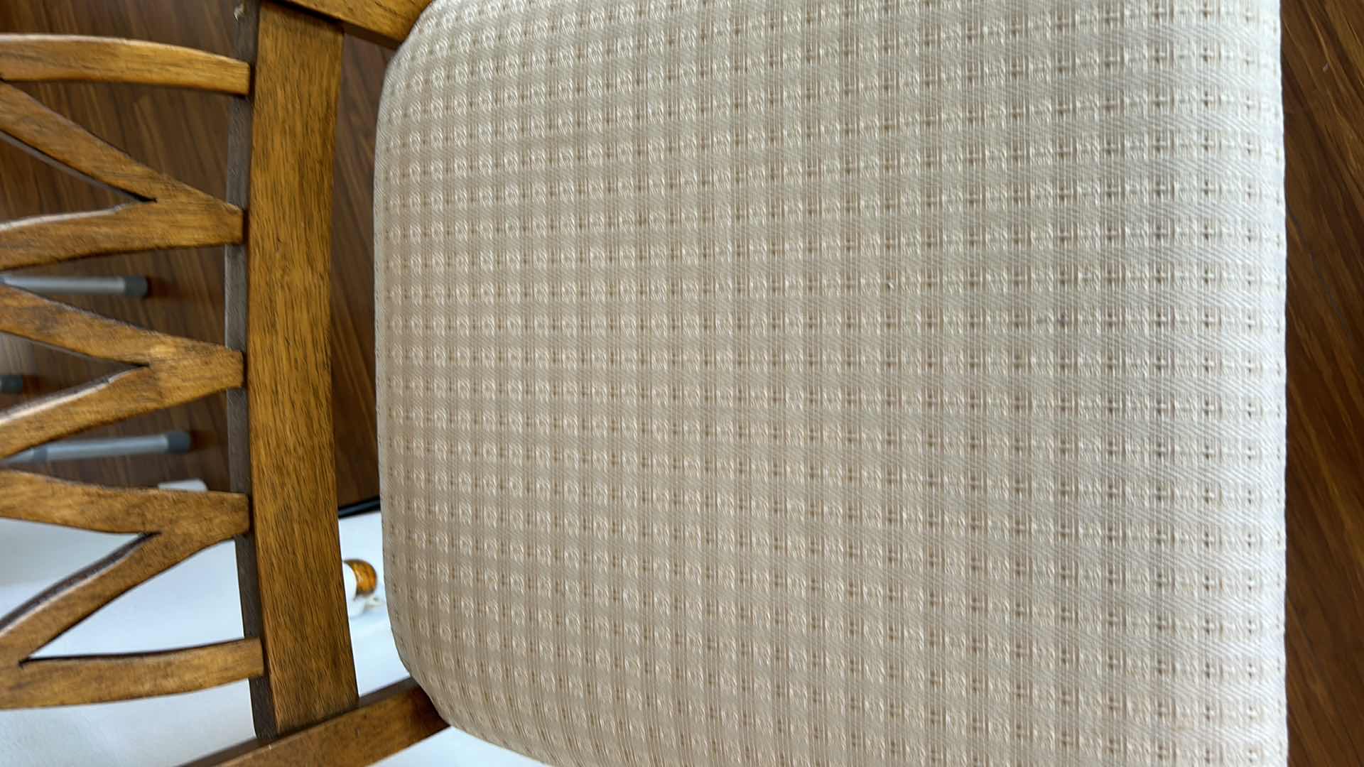 Photo 1 of 2 WOOD BARSTOOLS WITH OFF WHITE TEXTURED FABRIC  
SEATING HEIGHT, 30 1/2" OVERALL HEIGHT 45"