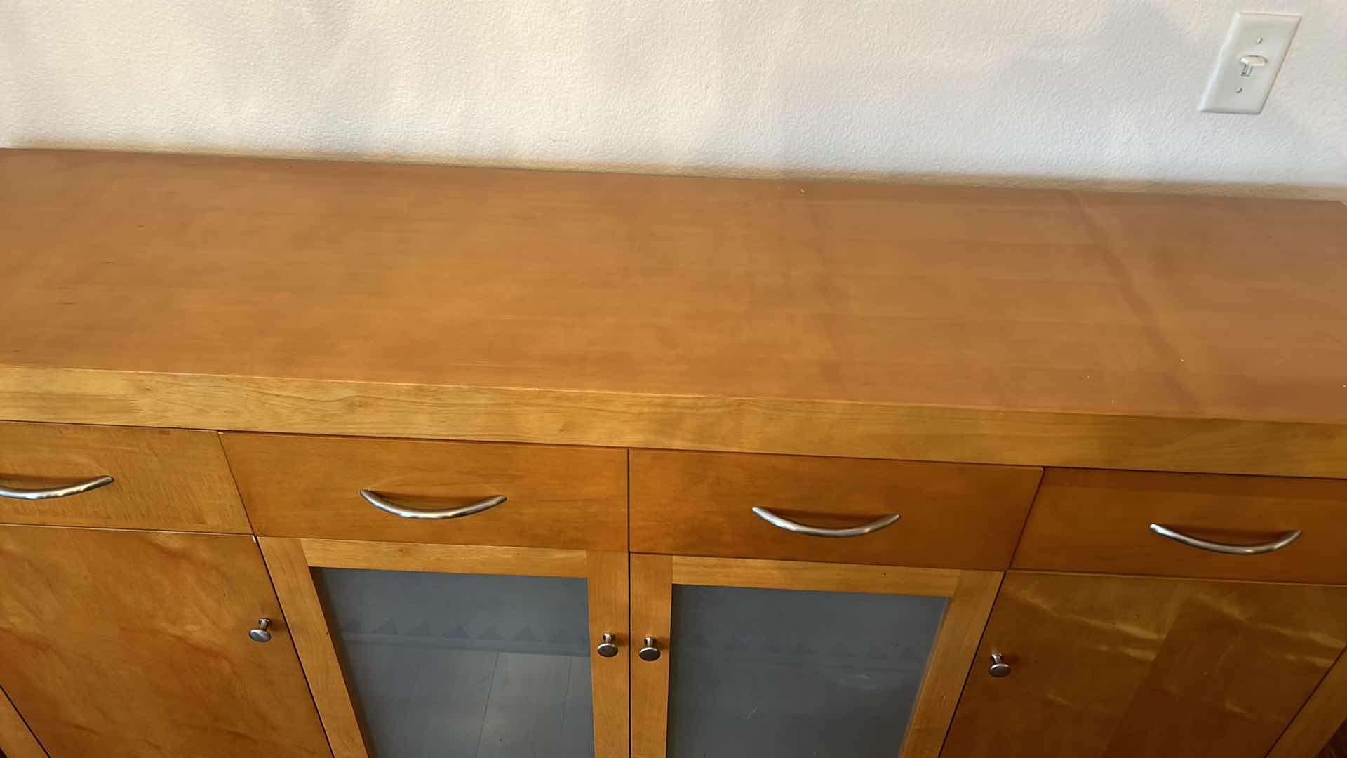 Photo 1 of BEAUTIFUL MID CENTURY BURL SATINWOOD SIDEBOARD WITH CHROME ACCENTS AND FROSTED GLASS (CONTENTS NOT INCLUDED) 67“ x 17“ x 40“