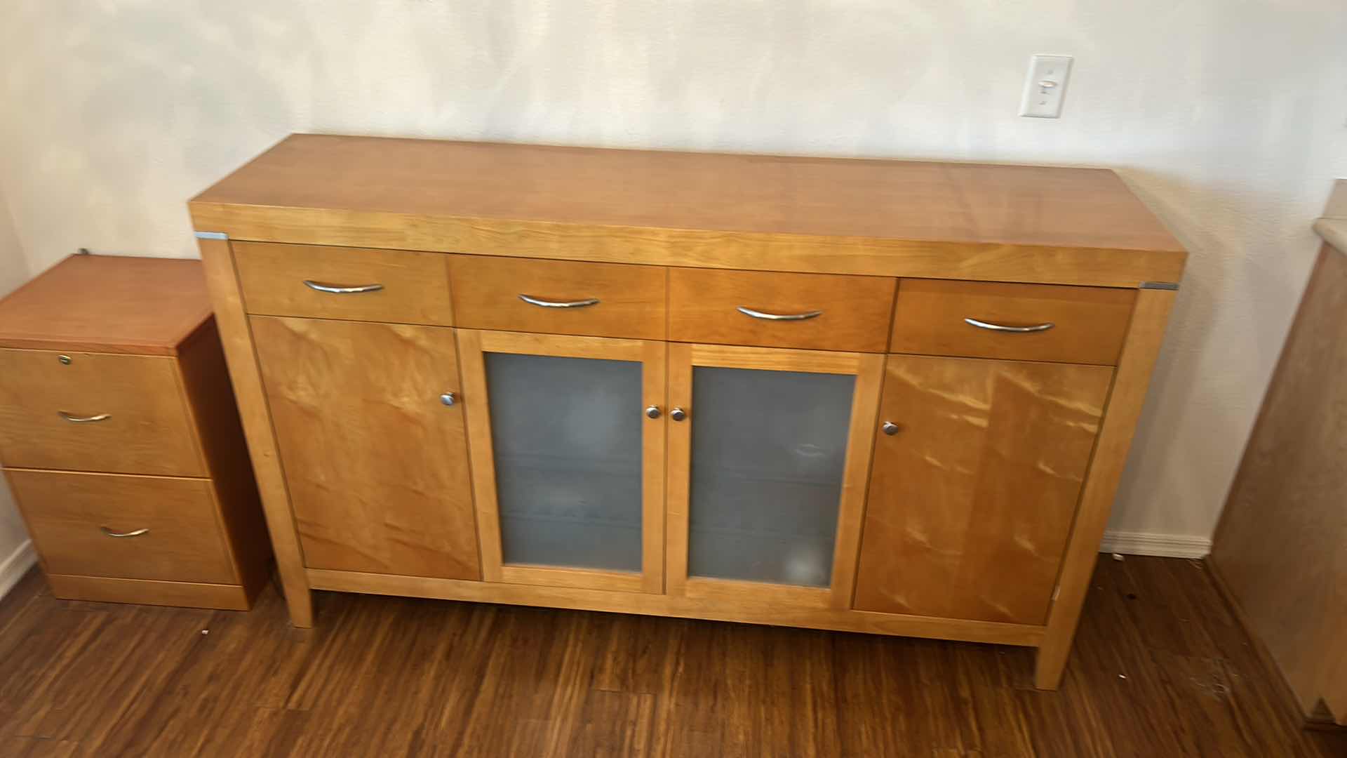 Photo 1 of BEAUTIFUL MID CENTURY BURL SATINWOOD SIDEBOARD WITH CHROME ACCENTS AND FROSTED GLASS (CONTENTS NOT INCLUDED) 67“ x 17“ x 40“