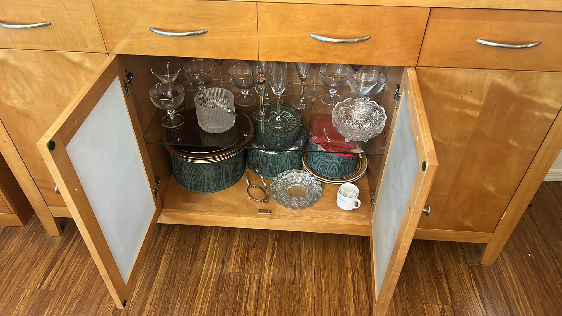 Photo 1 of BEAUTIFUL MID CENTURY BURL SATINWOOD SIDEBOARD WITH CHROME ACCENTS AND FROSTED GLASS (CONTENTS NOT INCLUDED) 67“ x 17“ x 40“