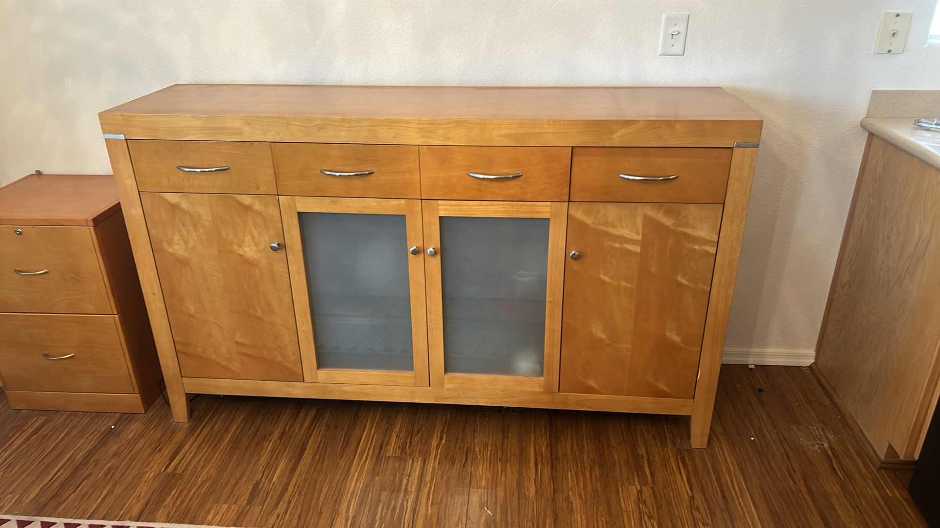Photo 1 of BEAUTIFUL MID CENTURY BURL SATINWOOD SIDEBOARD WITH CHROME ACCENTS AND FROSTED GLASS (CONTENTS NOT INCLUDED) 67“ x 17“ x 40“