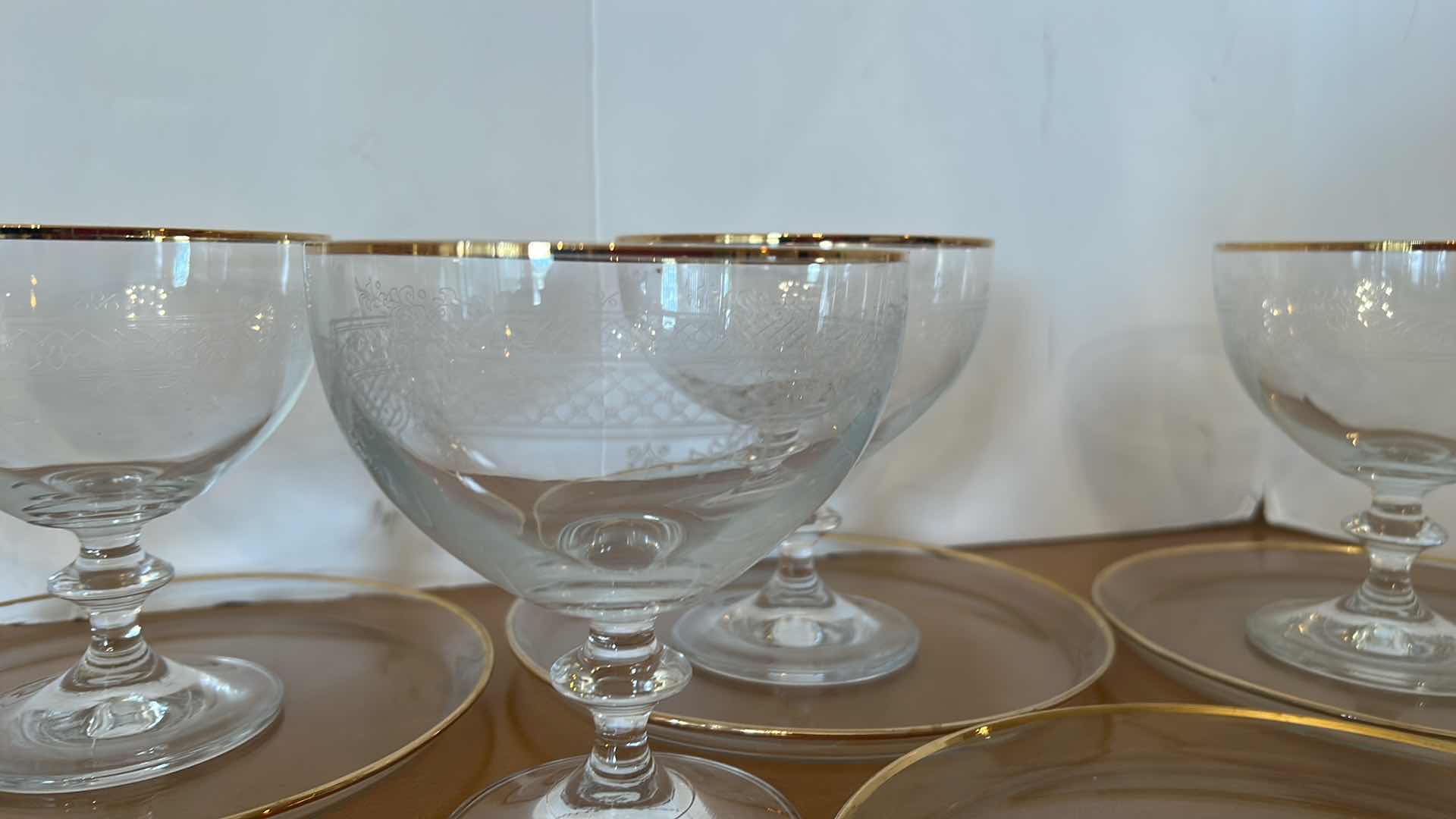 Photo 1 of EUROPEAN SALGOTARJANI SIKUVEGCYAR GLASS DESSERT PLATES AND ETCHED STEMWARE