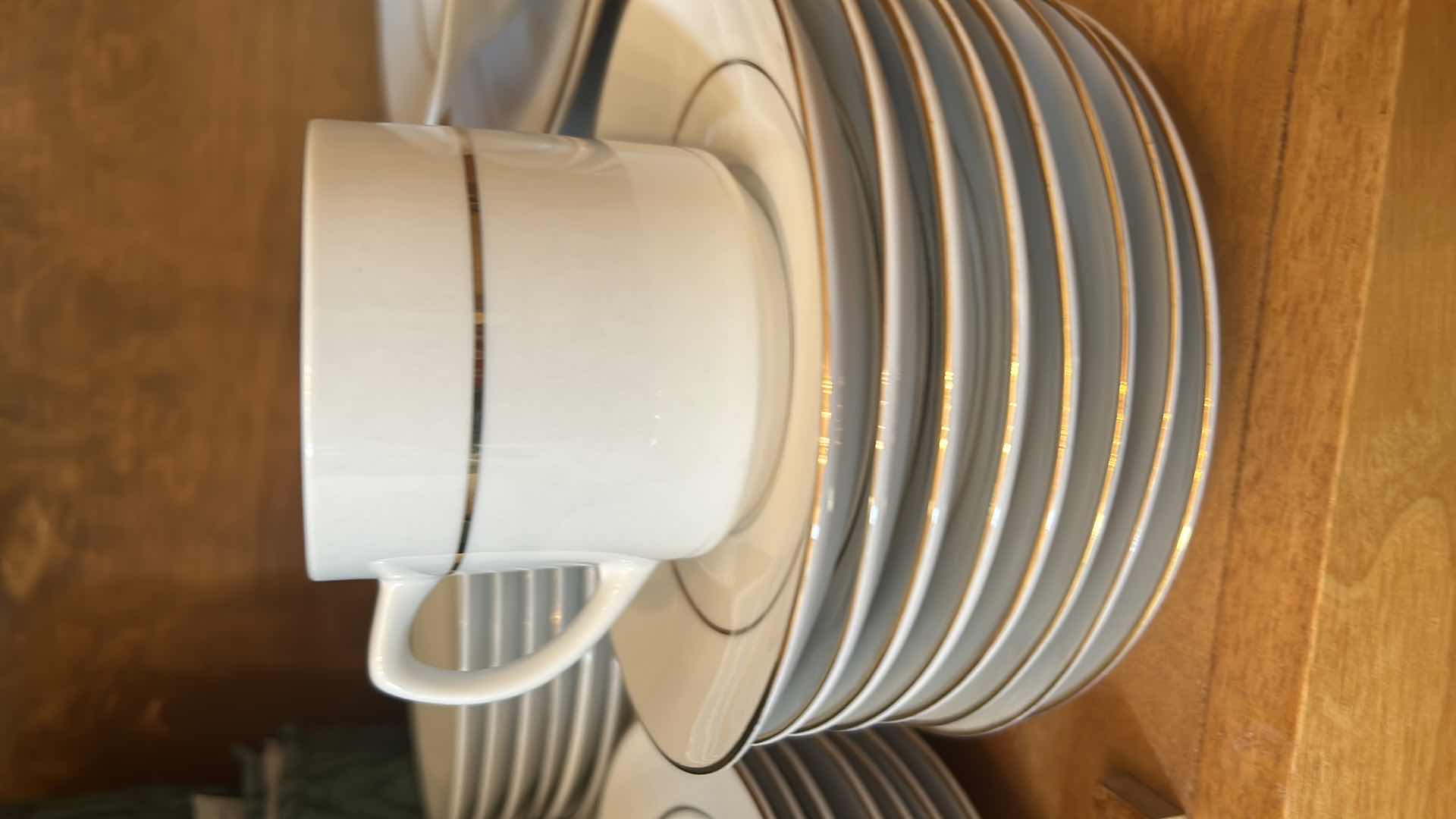 Photo 1 of 41 PC WHITE PORCELAIN DINNERWARE WITH GOLD ACCENT AND STEMWARE