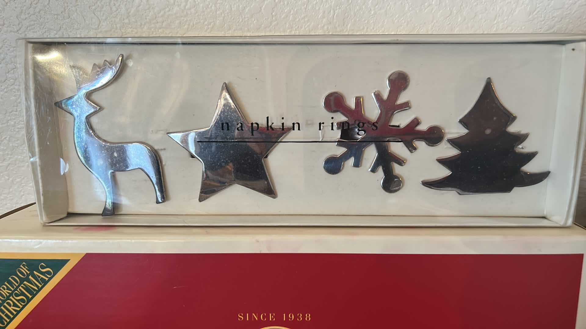 Photo 1 of NEW BOXED CHRISTMAS ITEMS (1 NAPKIN RING IS MISSING FROM BOX)