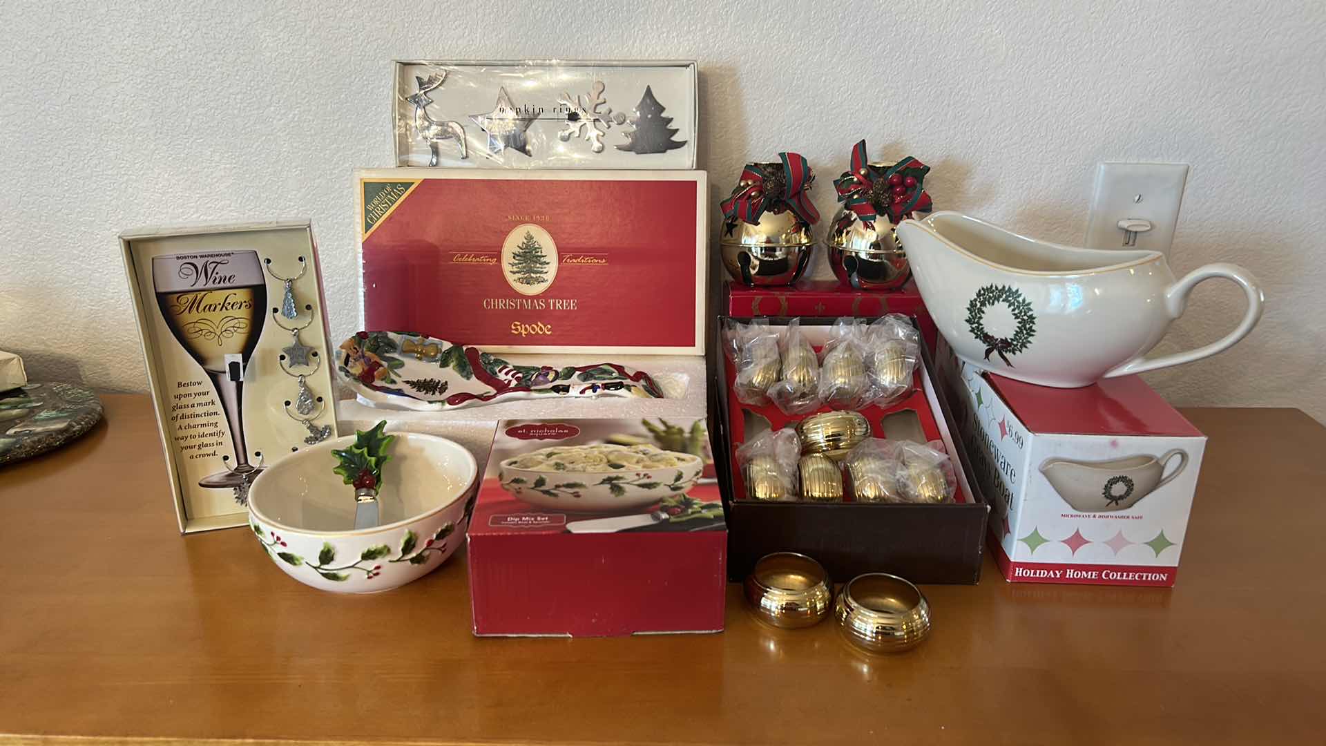 Photo 1 of NEW BOXED CHRISTMAS ITEMS (1 NAPKIN RING IS MISSING FROM BOX)