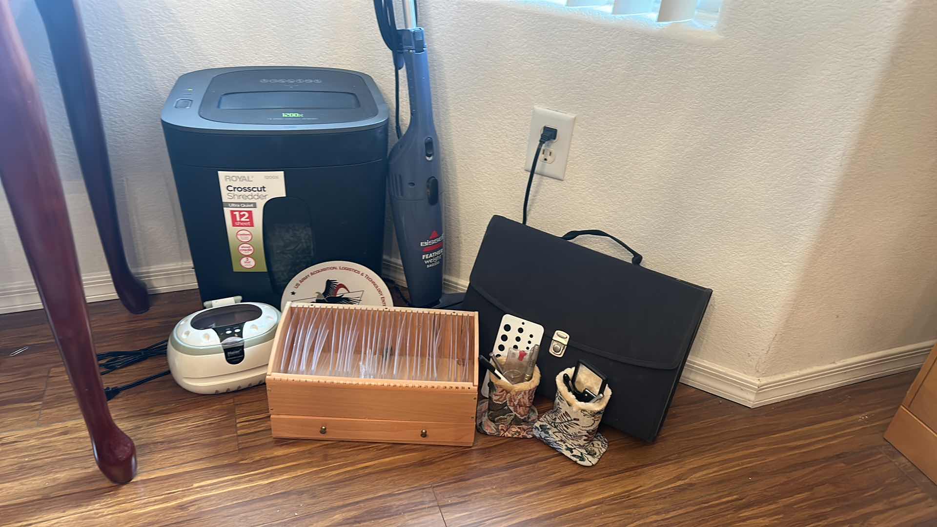 Photo 1 of OFFICE SUPPLIES- BISSELL FEATHER WEIGHT VACCUM L, CROSSCUT SHREDDER, HAIER ULTRASONIC CLEANER AND MORE