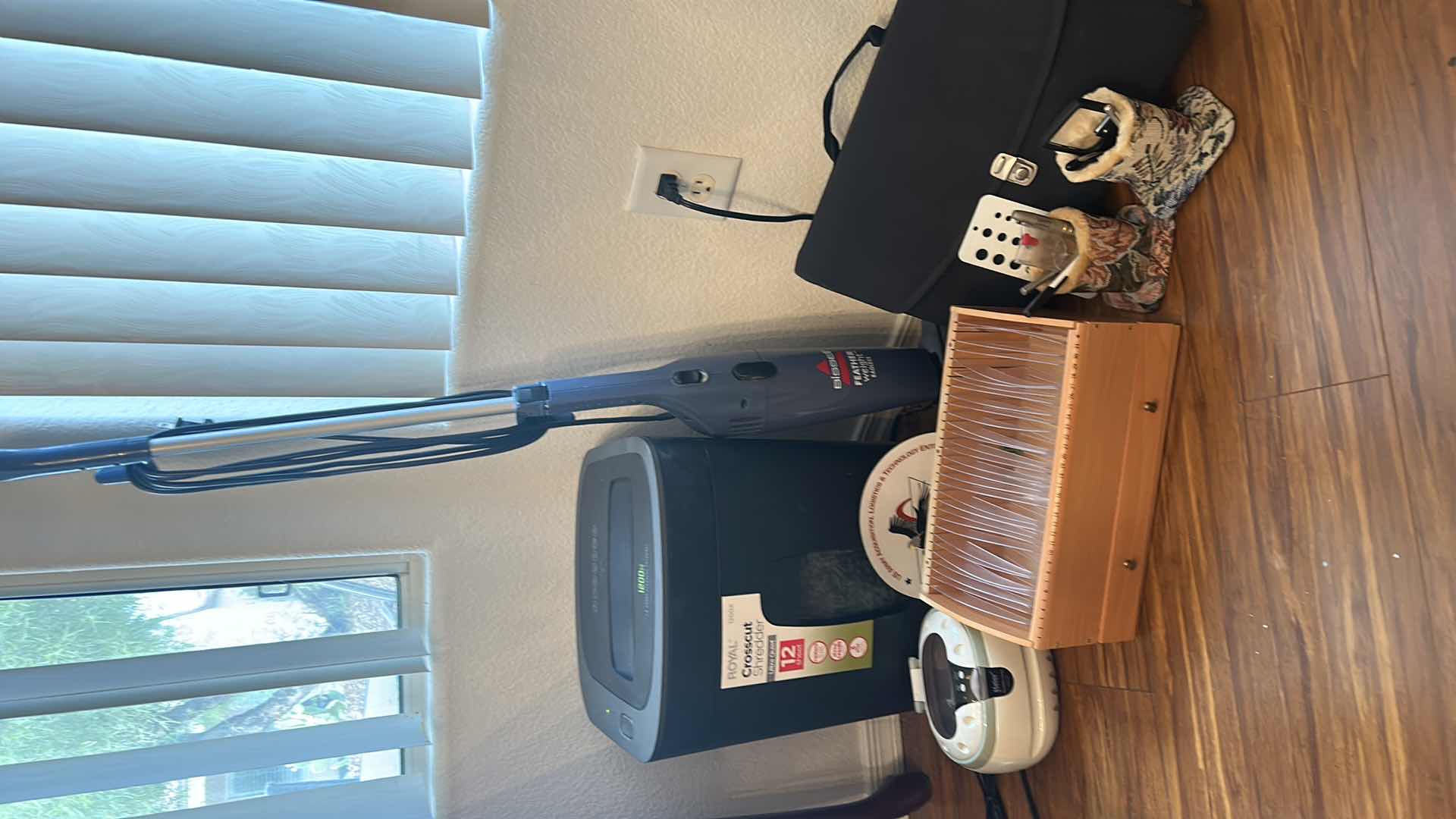 Photo 1 of OFFICE SUPPLIES- BISSELL FEATHER WEIGHT VACCUM L, CROSSCUT SHREDDER, HAIER ULTRASONIC CLEANER AND MORE