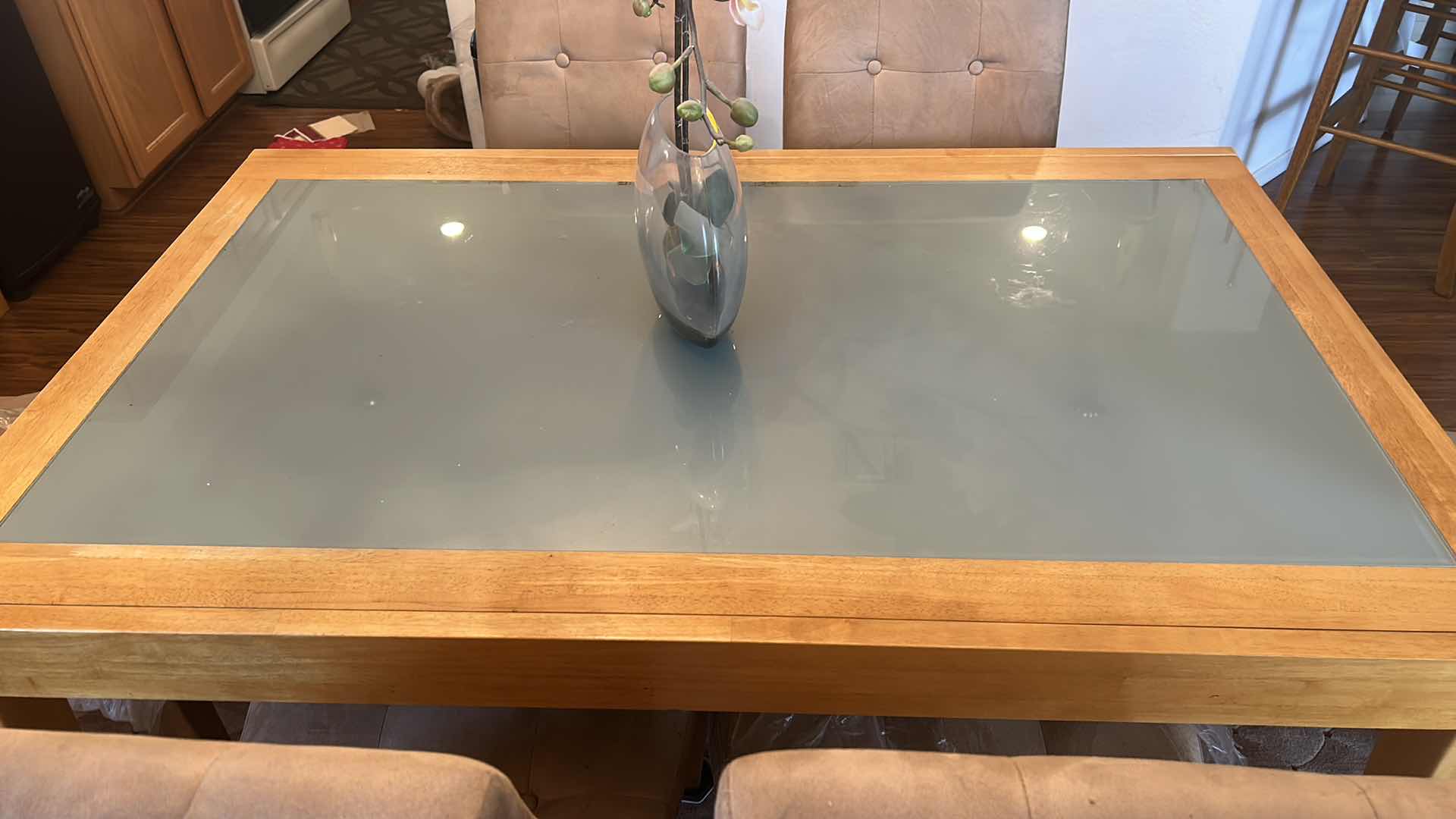 Photo 1 of HONEY MAPLE SCANDANAVIAN WOOD TABLE WITH FROSTED GLASS TOP WITH 6 CHAIRS 38” x 60” x H39.5”  30" EXTENSION (CENTERPECE SOLD SEPERATELY)