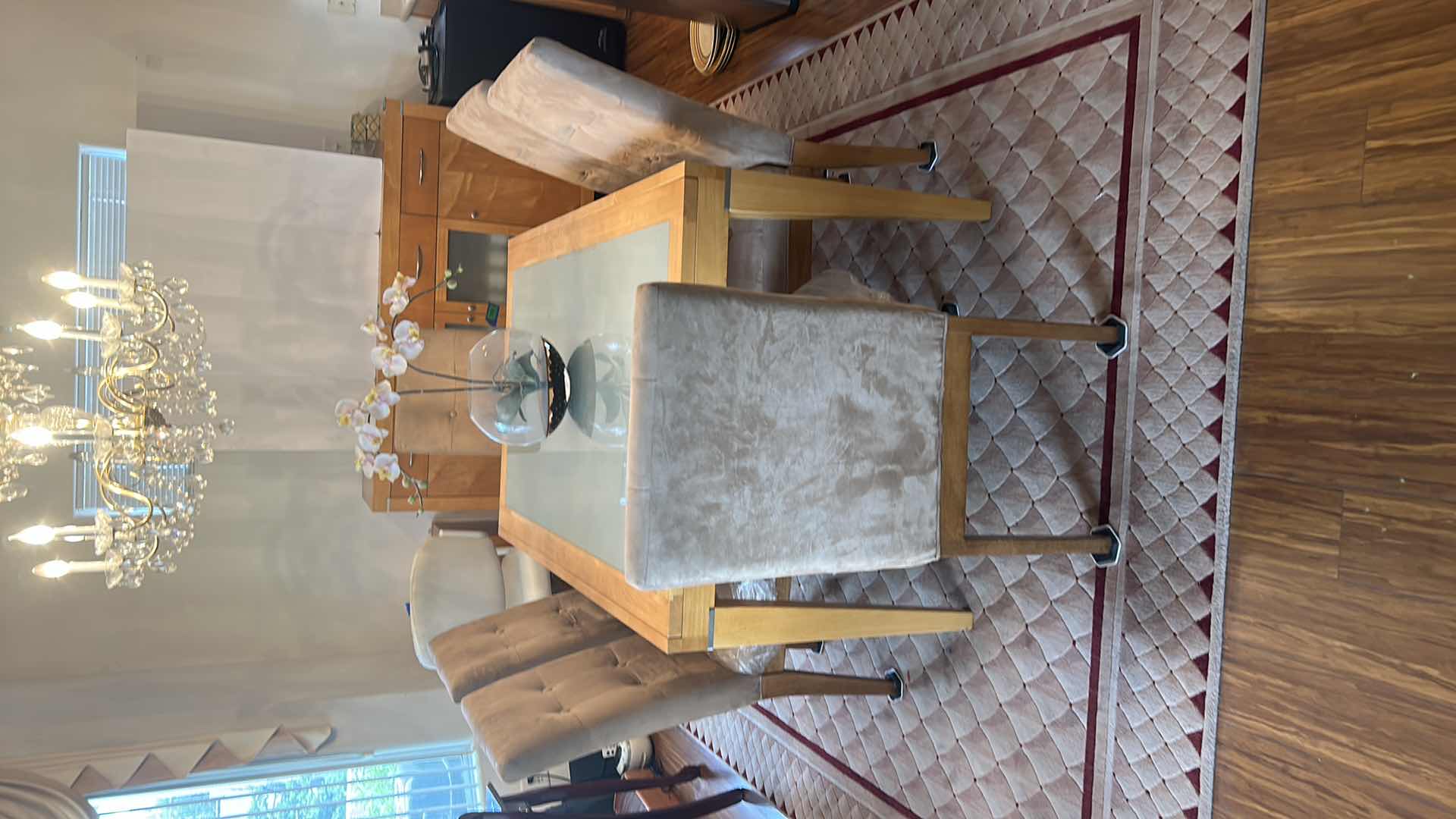 Photo 1 of HONEY MAPLE SCANDANAVIAN WOOD TABLE WITH FROSTED GLASS TOP WITH 6 CHAIRS 38” x 60” x H39.5”  30" EXTENSION (CENTERPECE SOLD SEPERATELY)