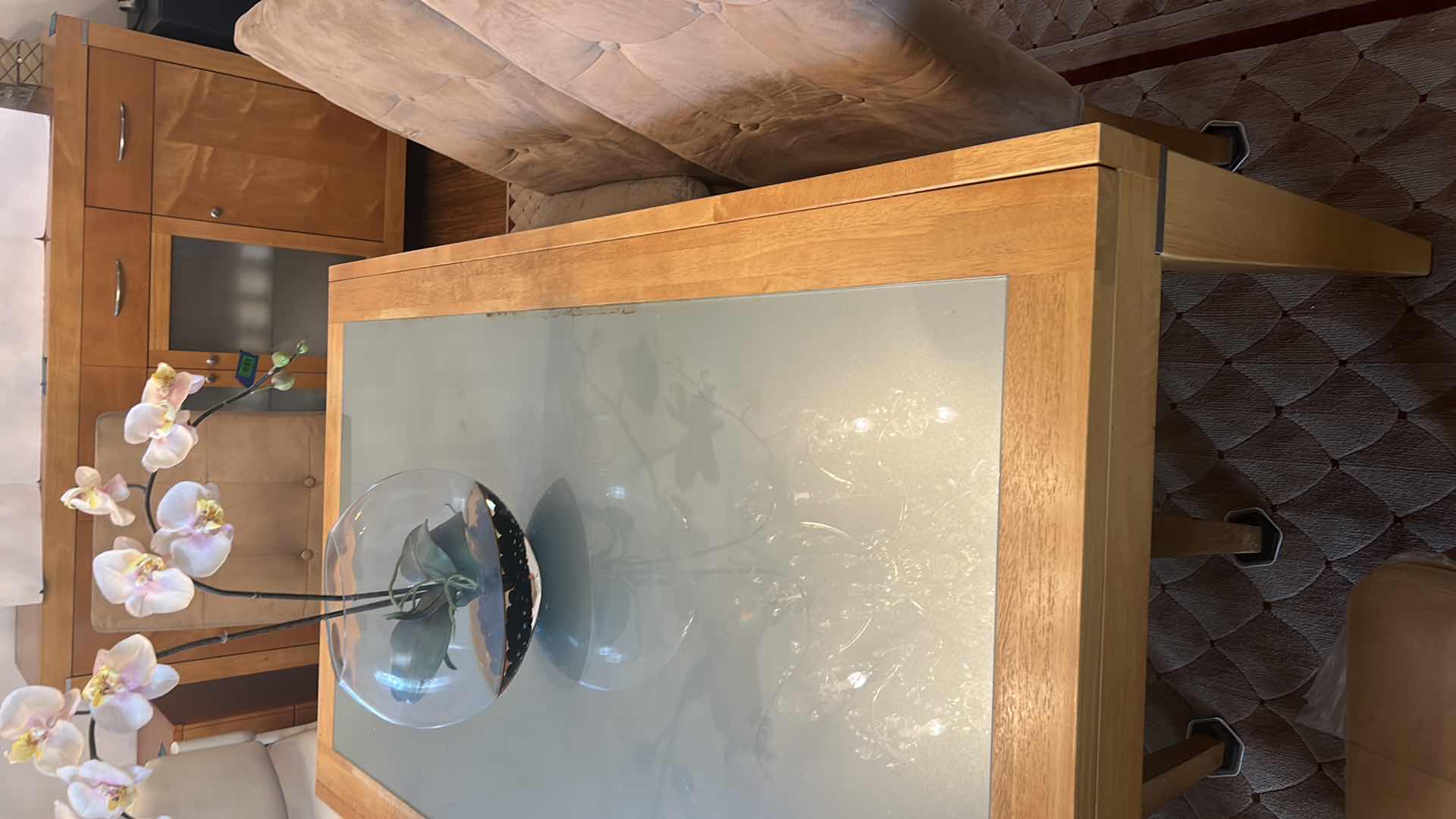 Photo 1 of HONEY MAPLE SCANDANAVIAN WOOD TABLE WITH FROSTED GLASS TOP WITH 6 CHAIRS 38” x 60” x H39.5”  30" EXTENSION (CENTERPECE SOLD SEPERATELY)